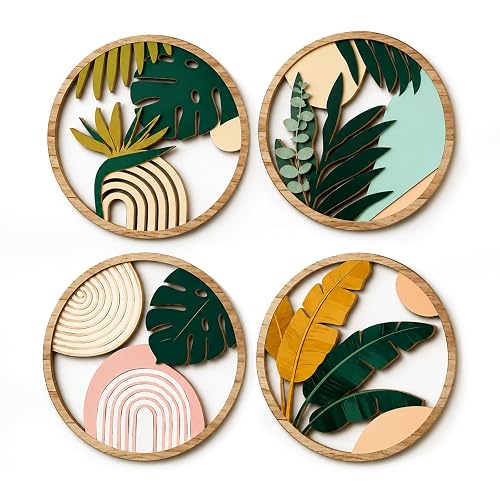 déco Murale en Bois, 4 Tableaux Ronds Boho 20 cm