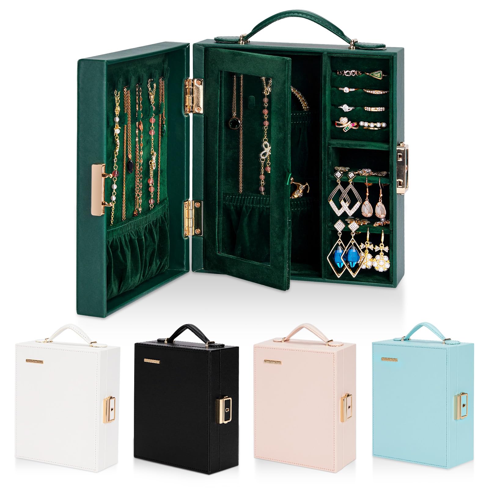 Travel Jewelry Case Essentials for vacation Portable Bangle Box with Mirror PU Leather Small Watch Organizer for Rings