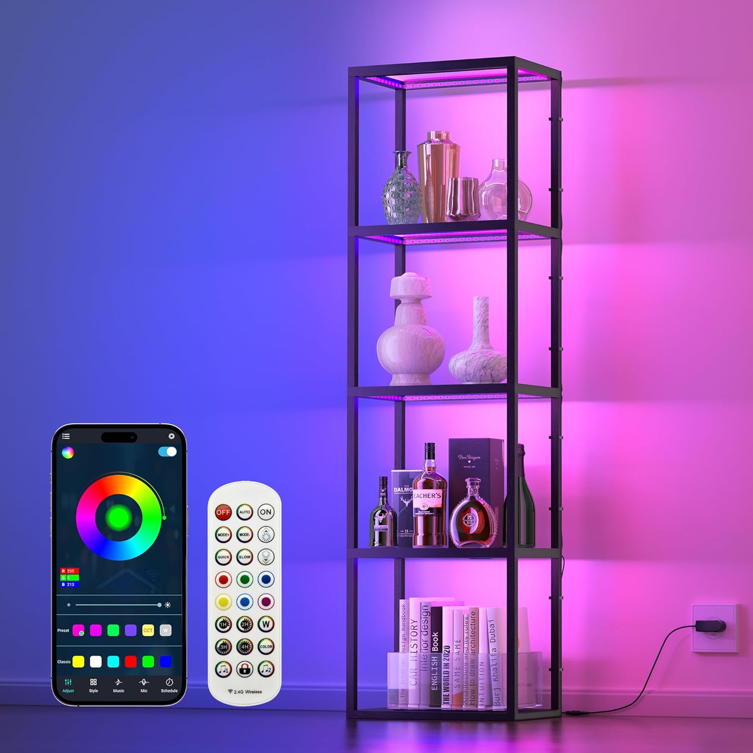 JACKYLED Corner Display Cabinet with RGB Multi-Color Light 5-Tier Curio Cabinet Floor Lamp with Remote, Glass Display Case Corner Storage for Books Perfume Shelf, DIY 16 Million Colors Multi Color