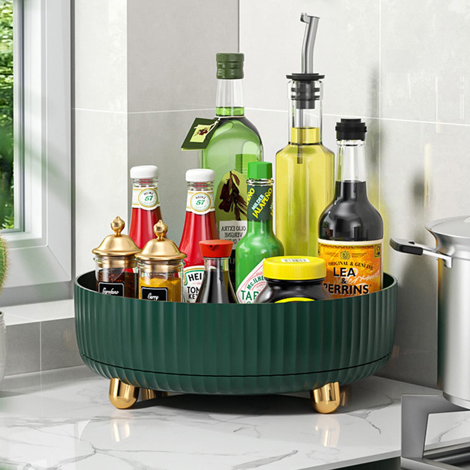 U-HOOME Lazy Susan Turntable Cabinet Organizer,U-HOOME Rotating Spice Rack Food Storage Container for Kitchen Cabinets, Pantry, Refrigerator, Countertops, Bathroom Vanity (Green)