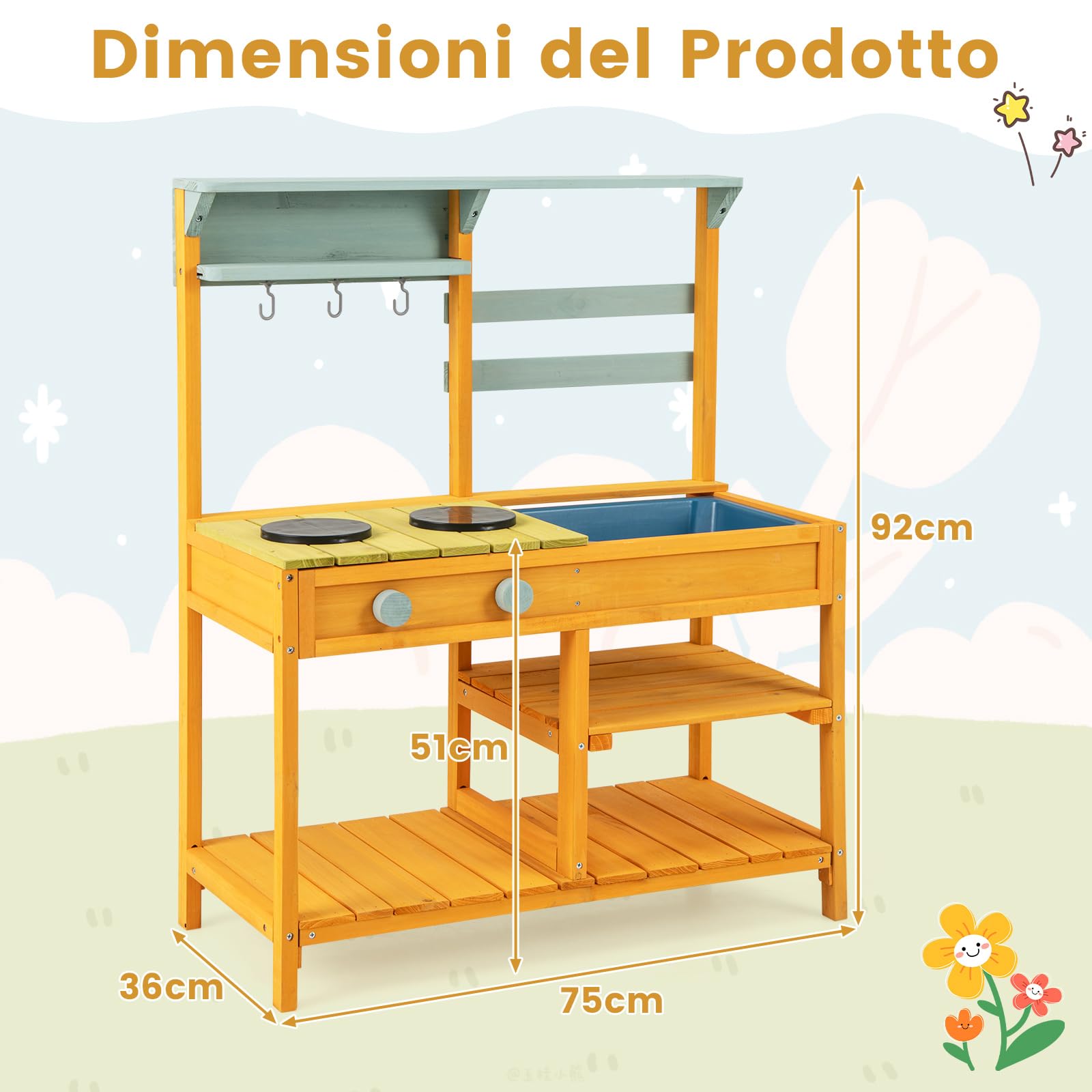 RELAX4LIFE Cucina Giocattolo per Bambini, Cucina da Esterno in Legno con Fornelli e Lavandino, Ripiani Aperti, Cucina Giocattolo Interattiva per Bambini 3+ Anni (Giallo)