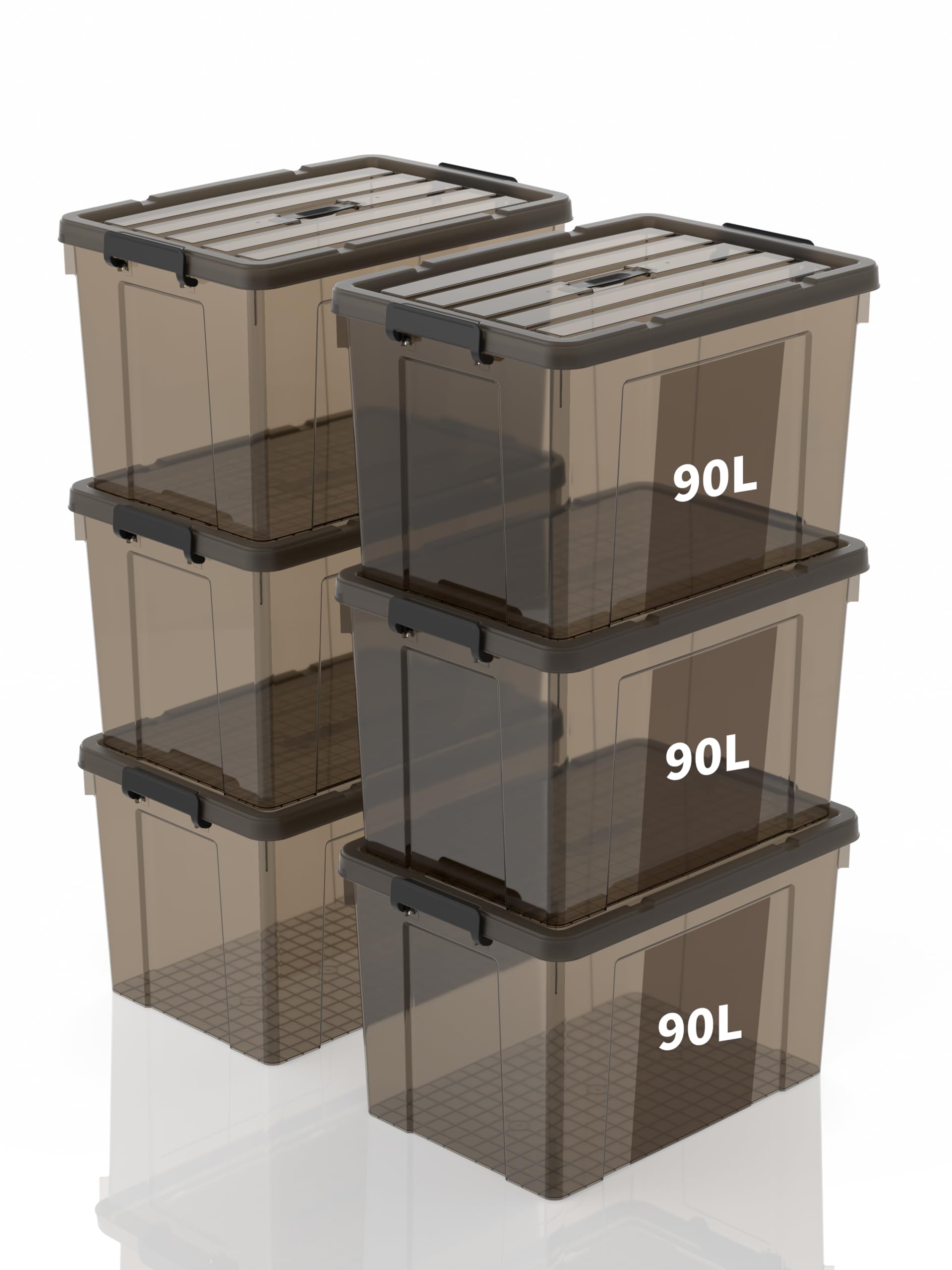 Cajas de Almacenamiento de Plástico con Tapa y Asa 90L, Contenedor Apilable Resistente para Hogar, Oficina y Garaje, Fácil Transporte, Transparente Marrón Polipropileno, 90L (Paquete de 6)