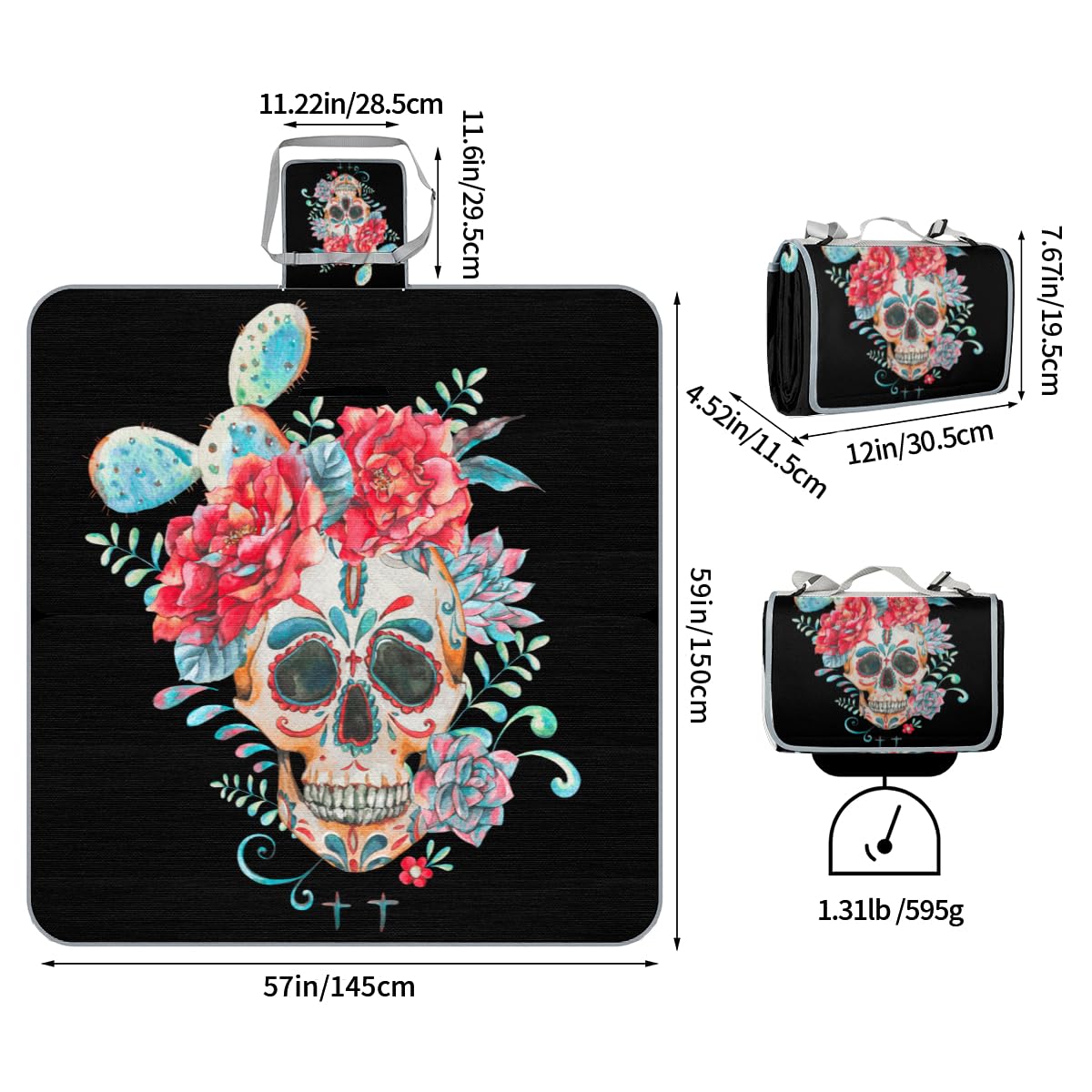 Shimoshe Picnic Blankets 57”x 59”, Cactus Flower Sugar Skull Waterproof Sandproof Picnic Mat Lightweight Foldable Beach Blanket for Camping Park Grass Beach Outdoor Blanket