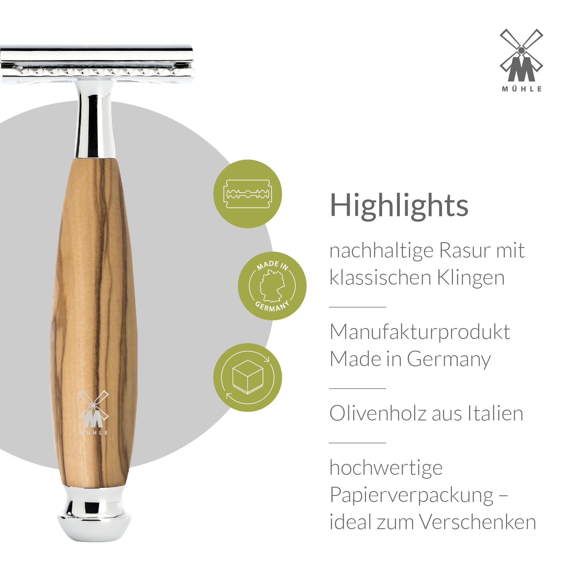 MÜHLE Vivo Rasierset - Rasierhobel, Rasierpinsel mit reinem Dachshaar, Halterung mit Schale, Griffe aus Olivenholz