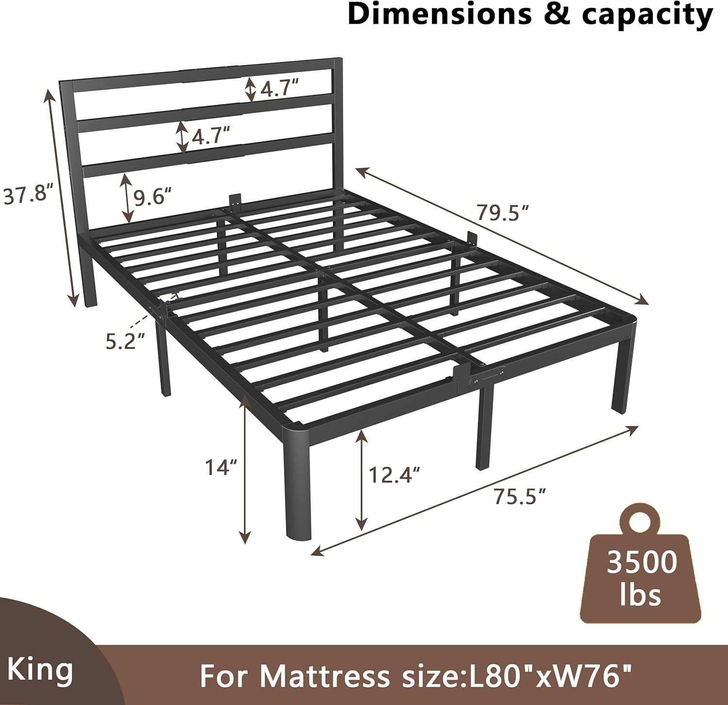14 Inch King Bed Frames, Metal Bed Frame with Head Board, No Box Spring Needed, Heavy Duty Steel, Anti-Slip Mattress Stoppers, Noise Free, Round Corner Legs, Easy Assembly, Black