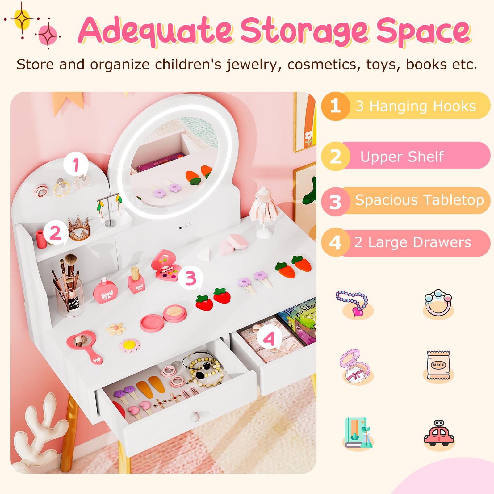 DREAMADE Schminktisch Kinder, Schminktisch aus Holz mit 2-Farbiger LED-Lichtern, Kinderschminktisch mit offener Ablage & 2 Schubladen & 3 Haken, Prinzessin Frisiertisch für Kinder ab 3 Jahren (Weiß)