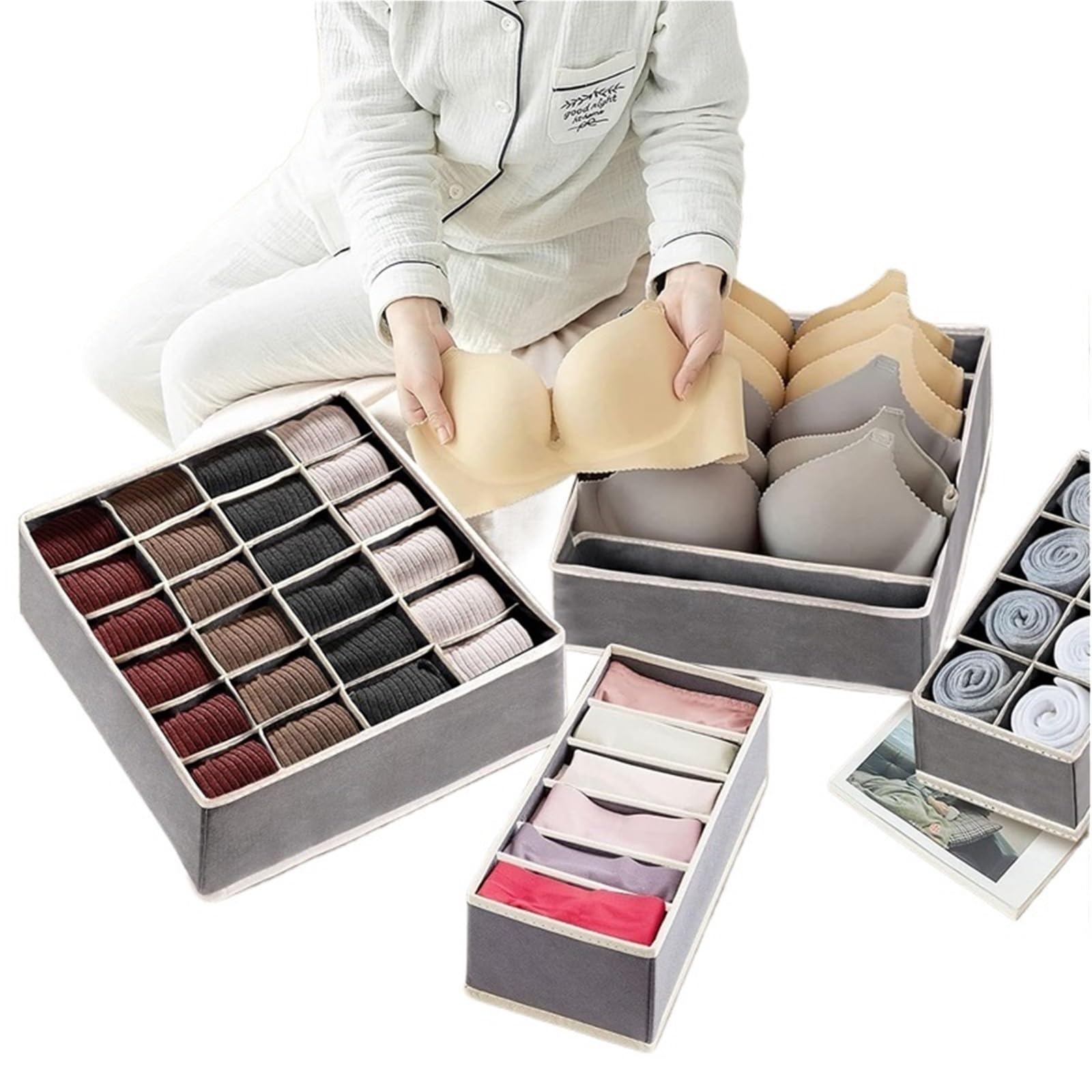 Pudełko do przechowywania bielizny, Organizer na bieliznę, skarpetki i biustonosze. Składane etui(Beige 4pcs)