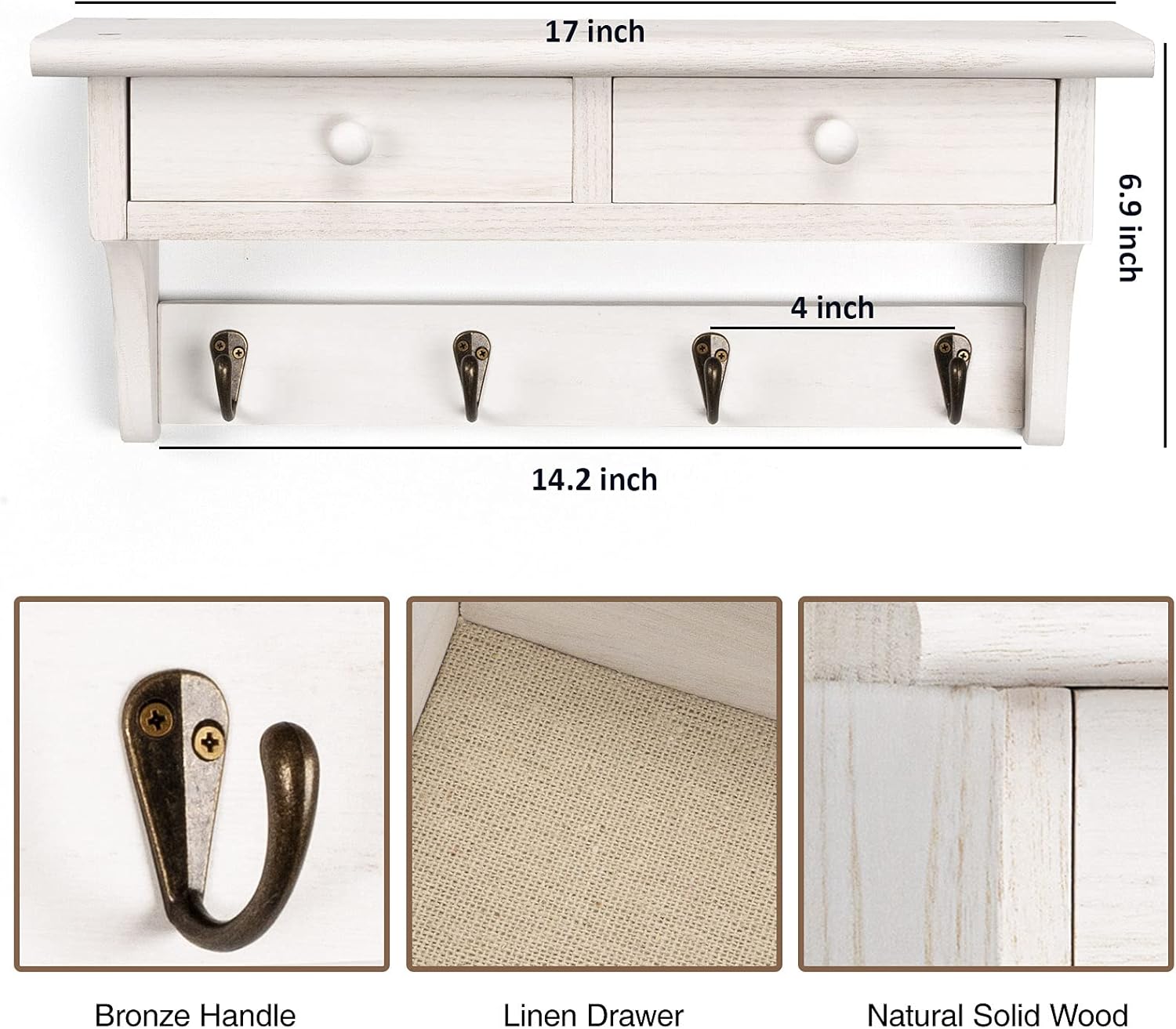 Emfogo Coat Hooks Wall Mounted, Rustic Wood Coat Rack Wall Mount Shelf with Hooks, Farmhouse Wall Coat Rack with Shelf & Coat Hook for Entryway, Mudroom, Bedroom, Kitchen, Bathroom (White)