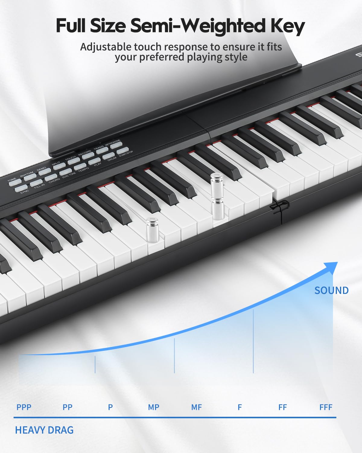 STRICH Digitalpiano 88 Tasten, faltbares E-Piano mit halbgewichteter Tastatur, tragbares Keyboard für Anfänger inkl. Sustainpedal, Kopfhörer und Notenhalter, SEP-88F