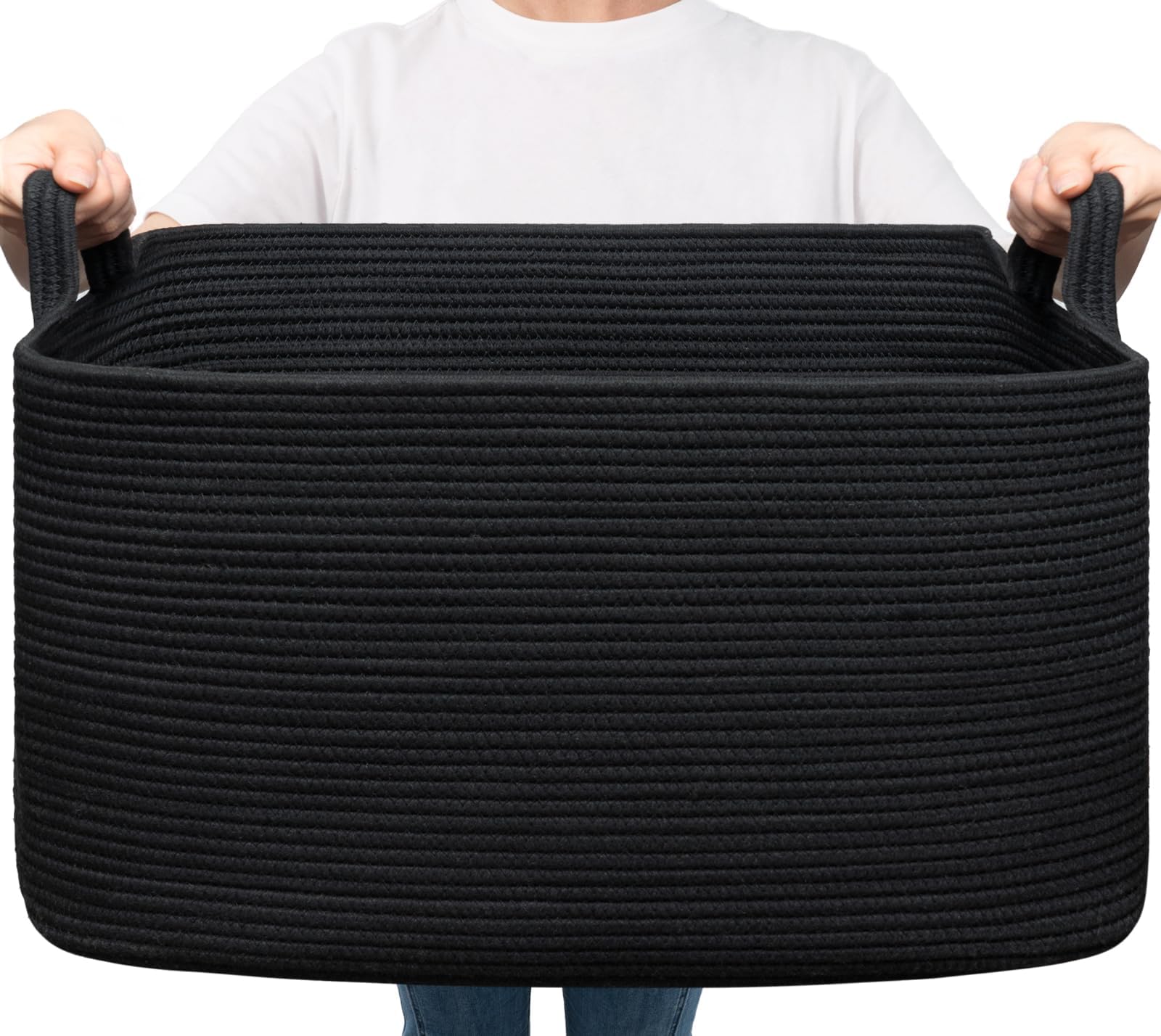 Large Blanket Basket Living Room, 21.6" x 14.9" x 11.8" Woven Storage Basket for Blankets, Toys, Rectangle Rope Dirty Clothes Baskets for Nursery, Bedroom, Black