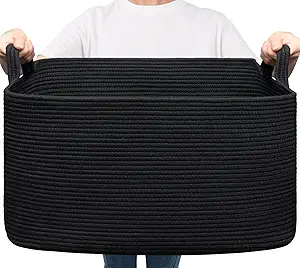 Goodpick Large Blanket Basket Living Room, 21.6" x 14.9" x 11.8" Woven Storage Basket for Blankets, Toys, Rectangle Rope Dirty Clothes Baskets for Nursery, Bedroom, Black