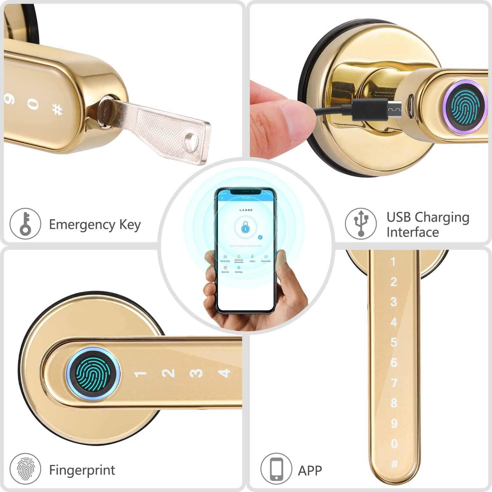 Bluetooth biometryczny zamek z użyciem linii papilarnych klucz złoty kolor aplikacji cyfrowy inteligentny do drzwi elektroniczny klamką, Łatwa instalacja samodzielnie(Silver)