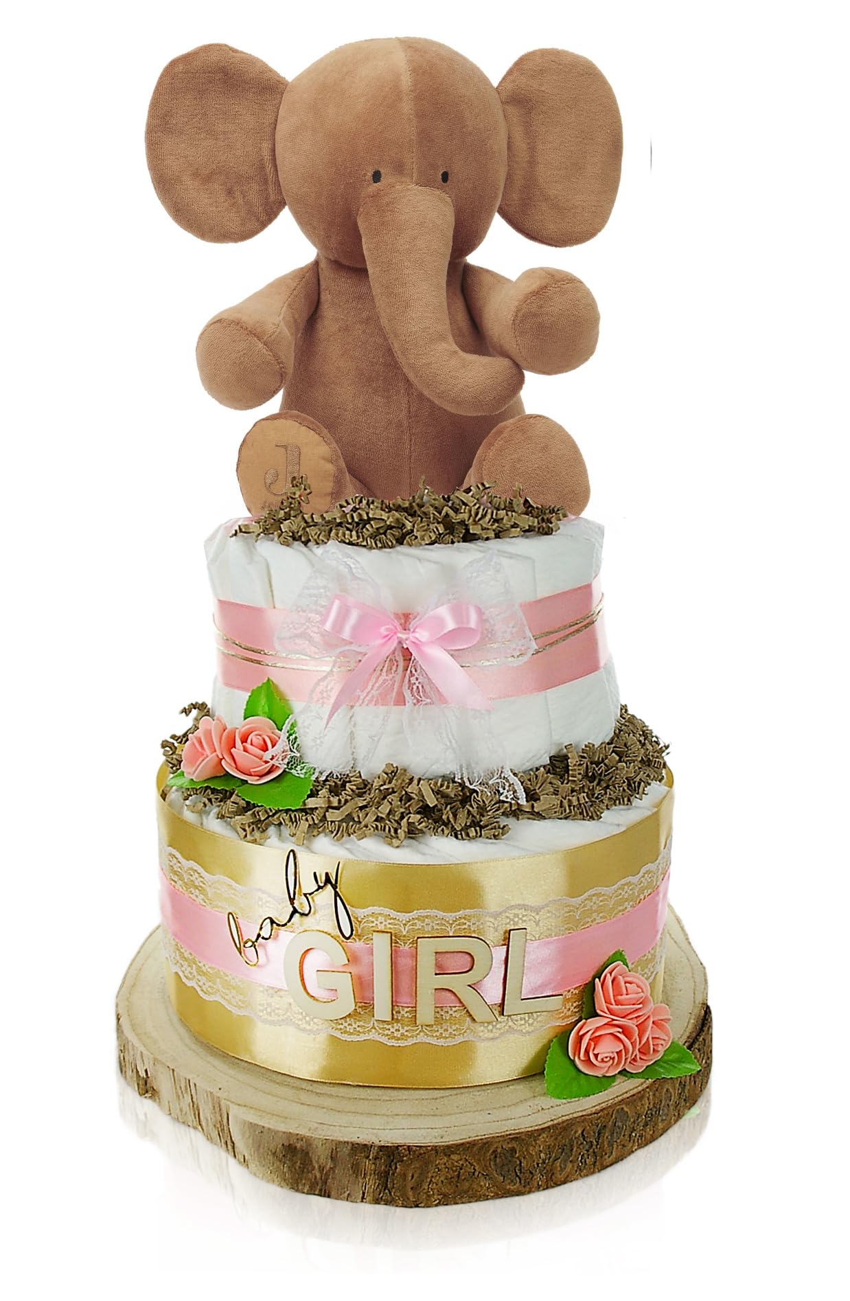 Windeltorte LITTLE PEANUT, rosa | Personalisierbar mit Name und Geburtsdaten | 2-stöckig mit Kuscheltier Elefant bedruckbar
