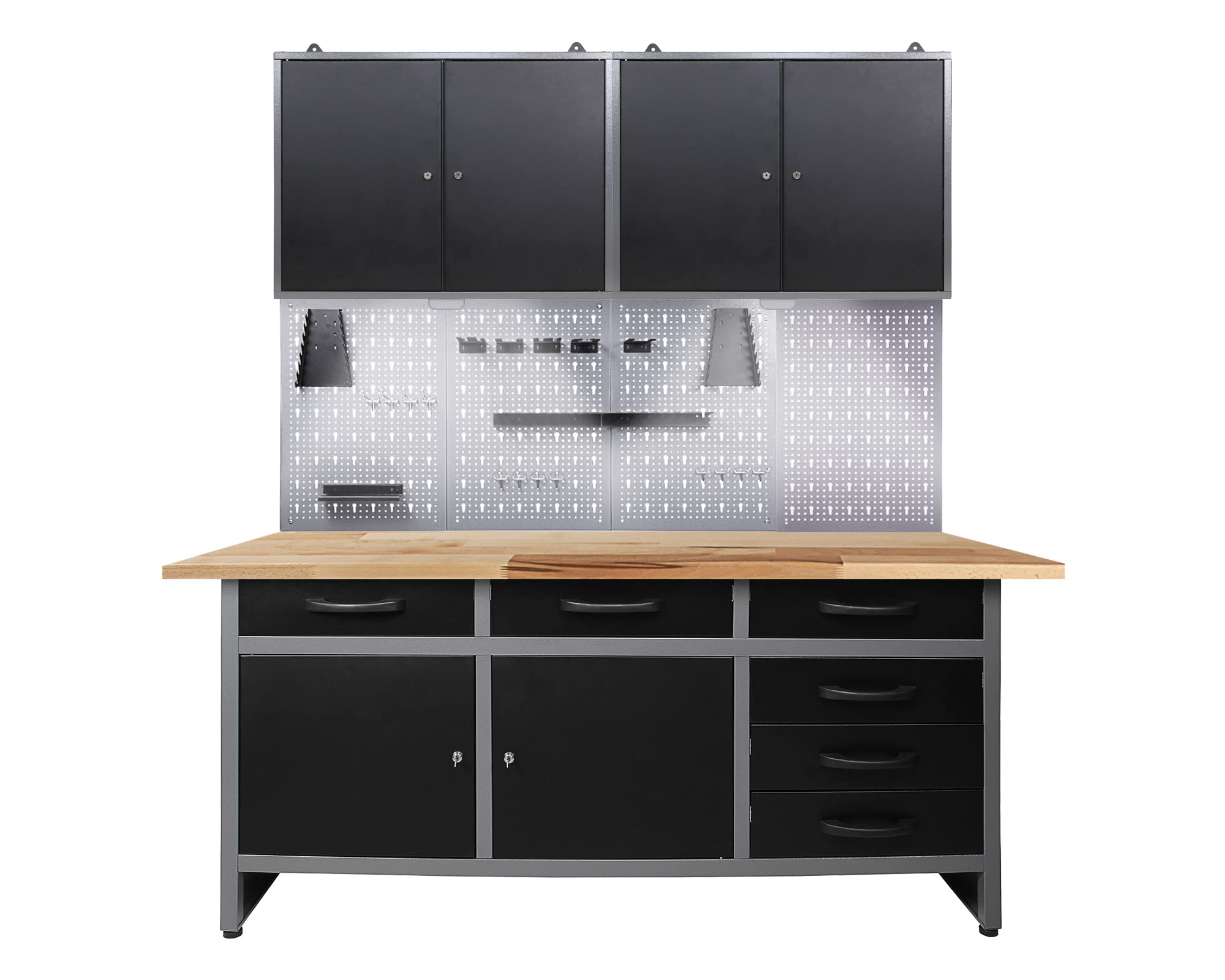Ondis24 Werkstatteinrichtung mit LED Beleuchtung, 160 cm breit, Werkbank, Werkzeugschrank, Werkzeugwand