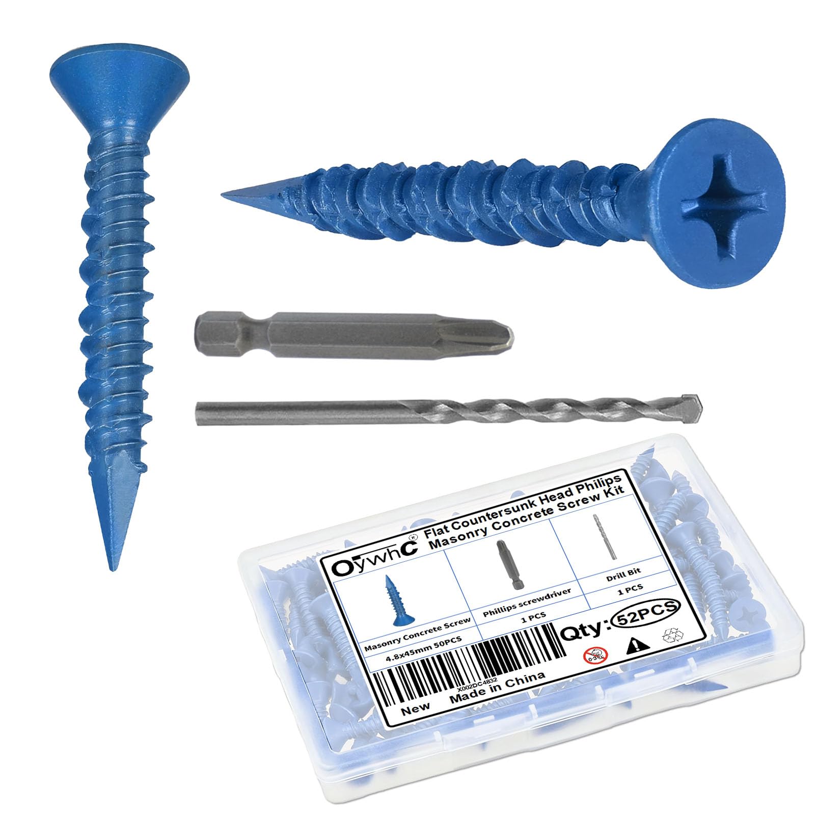 OywhC 50Pcs Masonry Concrete Screws 4.8mm x 45mm with Screwdriver & Drill Bit, Special Blue Coating, Flat Countersunk Head, Conical Diamond Tip, High-Low Threads, for Masonry/Concrete/Brick/Block
