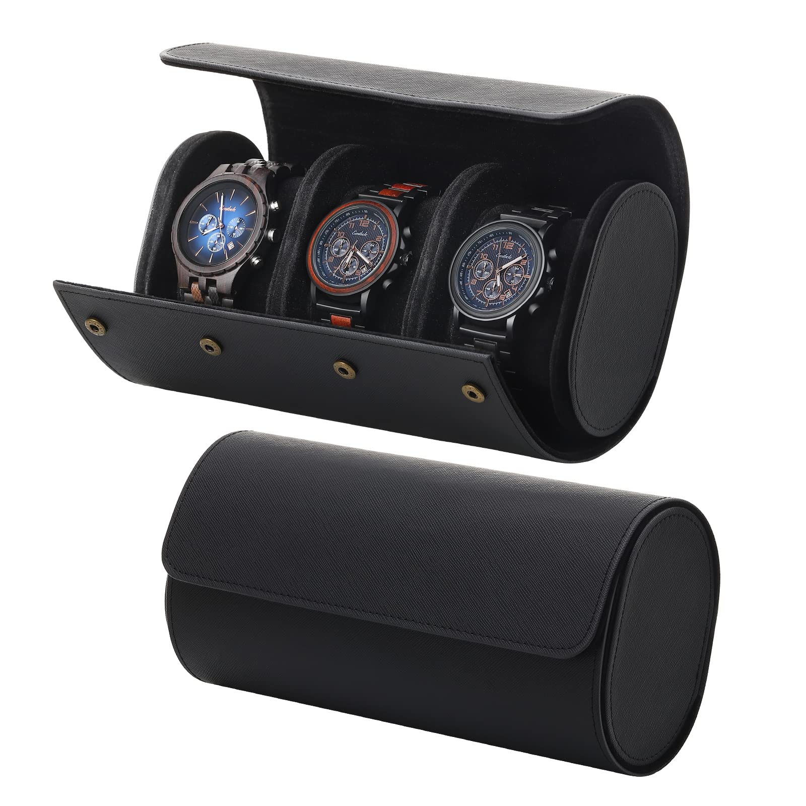 Emibele Boîte de Rangement pour Montres, Étui de Montre de Voyage Portable en Cuir PU à 3 Fentes, Sac à Transporter pour Bracelet à Montre avec Coussins Amovibles et Séparateurs Solides - Noir