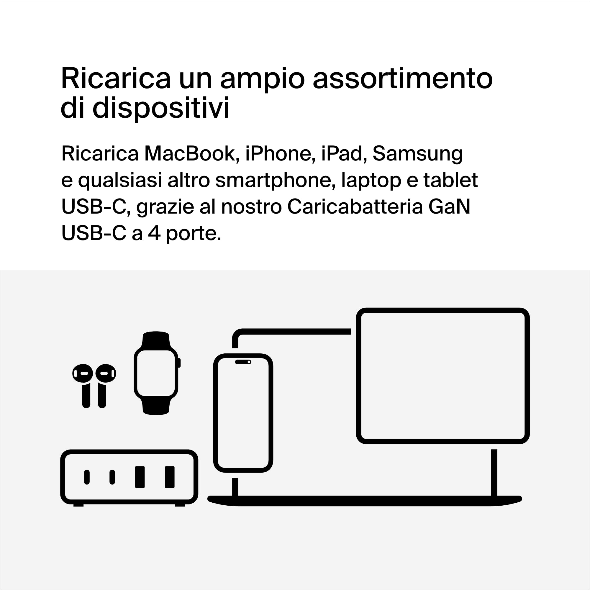Belkin Stazione di ricarica multi dispositivo USB GaN da 108 W, hub da tavolo per ricarica rapida, 2 USB Type-C, 2 USB-A per iPhone, MacBook, Pro, Air, iPad Pro, Air, Samsung Galaxy, Pixel e altri