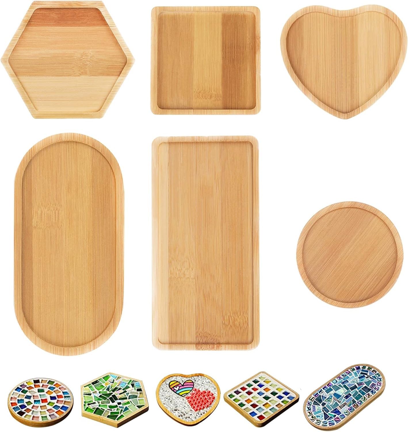 DIY Mosaic Bamboo Coasters Set of 6 Shapes for Adults and Kids, Non-slip Absorbent Drink Cup Plant Coasters for Home Bar, Round Square Heart Hexagon Rectangle Oval Art Plates