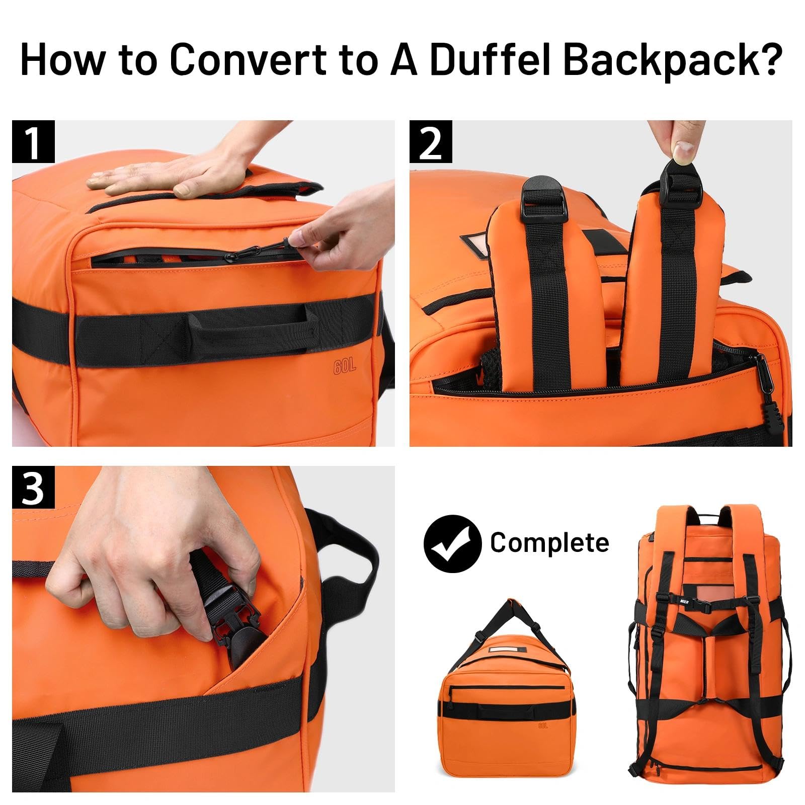 MIER - Bolsa de deporte para hombre resistente al agua grande mochila convertible con correas de mochila y compartimento para zapatos para gimnasio, viajes, 40 l/60 l/90 l, naranja, 60 L, deporte