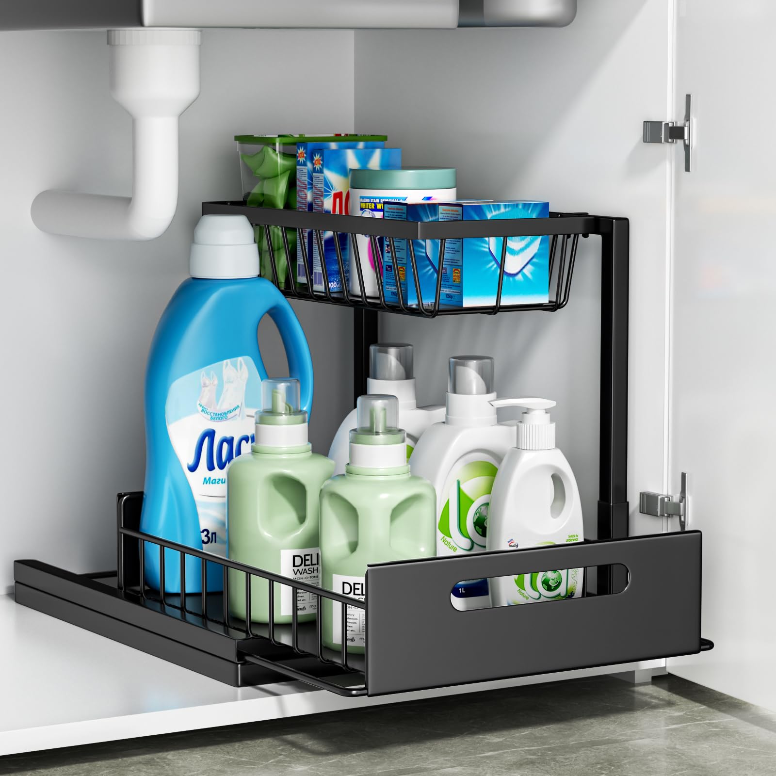 Cocolemon Organizador Bajo Fregadero Cocina, Metal 2 Niveles Organizador Extraíble Estante Almacenamiento Debajo Fregadero Forma de L, Negro