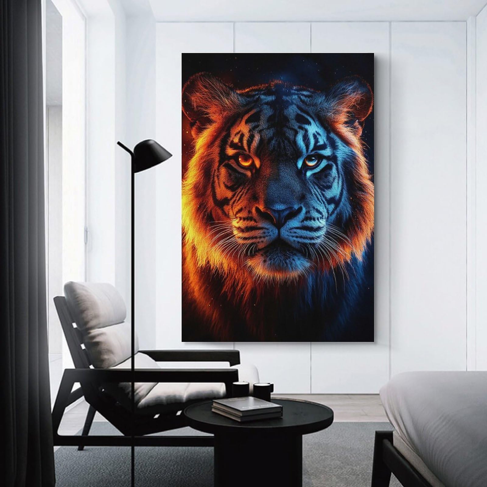 Junmoney Hanging Wall Art Fiery And Icy Tiger Portrait, 20x30inch(50x75cm), for Work Areas, Reading Rooms Or Studios, Wall Art That Adds Style to Work Areas