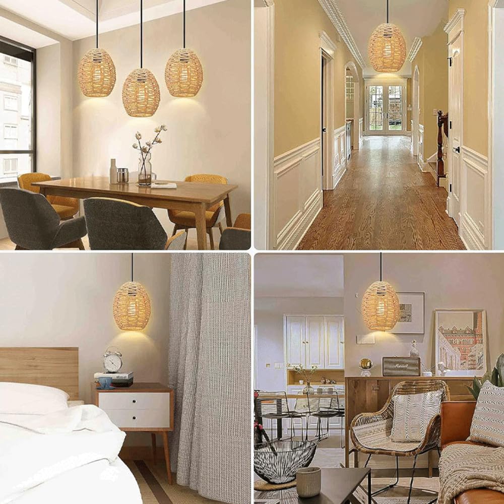 Wiklinowa Lampa Wisząca E27 Lampy Wiszące Rattanowa Lampa Wisząca Wiklinowy Tkany Kosz Abażur, Farmhouse Industrial Boho Sufitowa Oprawa Oświetleniowa Do Salonu Wyspa Kuchenna CJSLXGBL