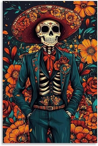 HYMART Póster vintage de arte de pared floral de calavera mexicana, impresiones del día de los muertos, decoración de fiesta del día de los muertos,