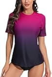 Women's Short Sleeve Rash Guard Swimsuit Top with Built in Bra Swim Shirt UPF50+ Quick Dry Bathing Suit
