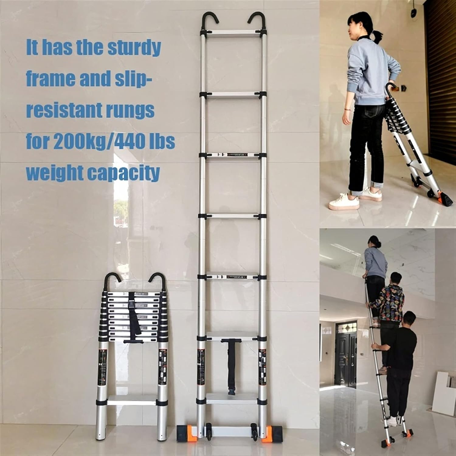 Telescoping Ladder for RV Roof Top Tent 5m/4m/10FT/2m, Aluminum Extension Telescopic Ladders with Detachable Hook & Stabiliser Bar, Loads 200kg (Size : 3.9m/12.5ft)