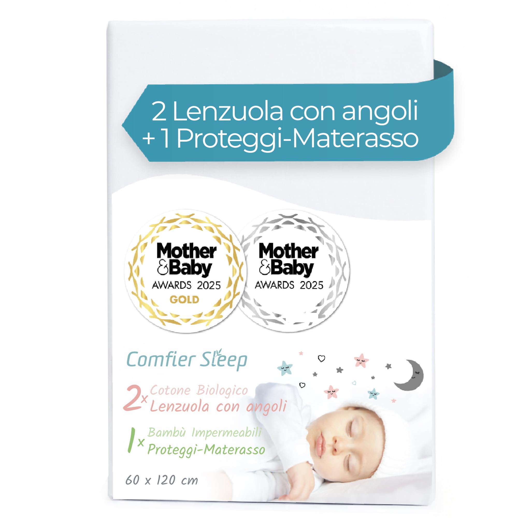 Comfier Sleep Set 3 Pezzi Con 2 Lenzuola Lettino Neonato 60x120 100% Cotone Con Angoli Biologico e 1 Coprimaterasso Lettino 60x120 100% Bambù Impermeabile, Bianco