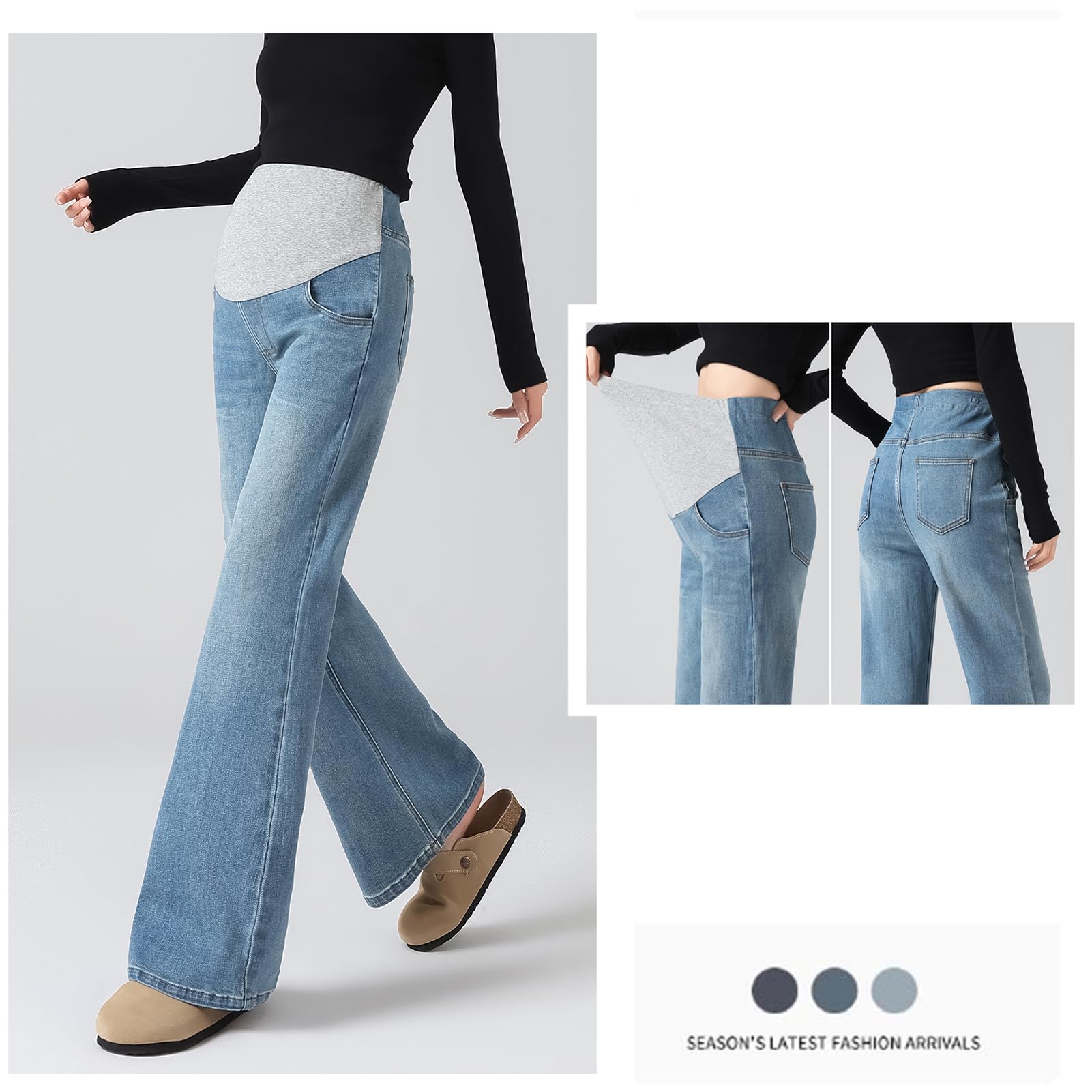 Jeans Grossesse Évasés avec Taille Réglable - Vie Confort Grande Taille pour Femmes de moins de 170 cm, Poches Utility