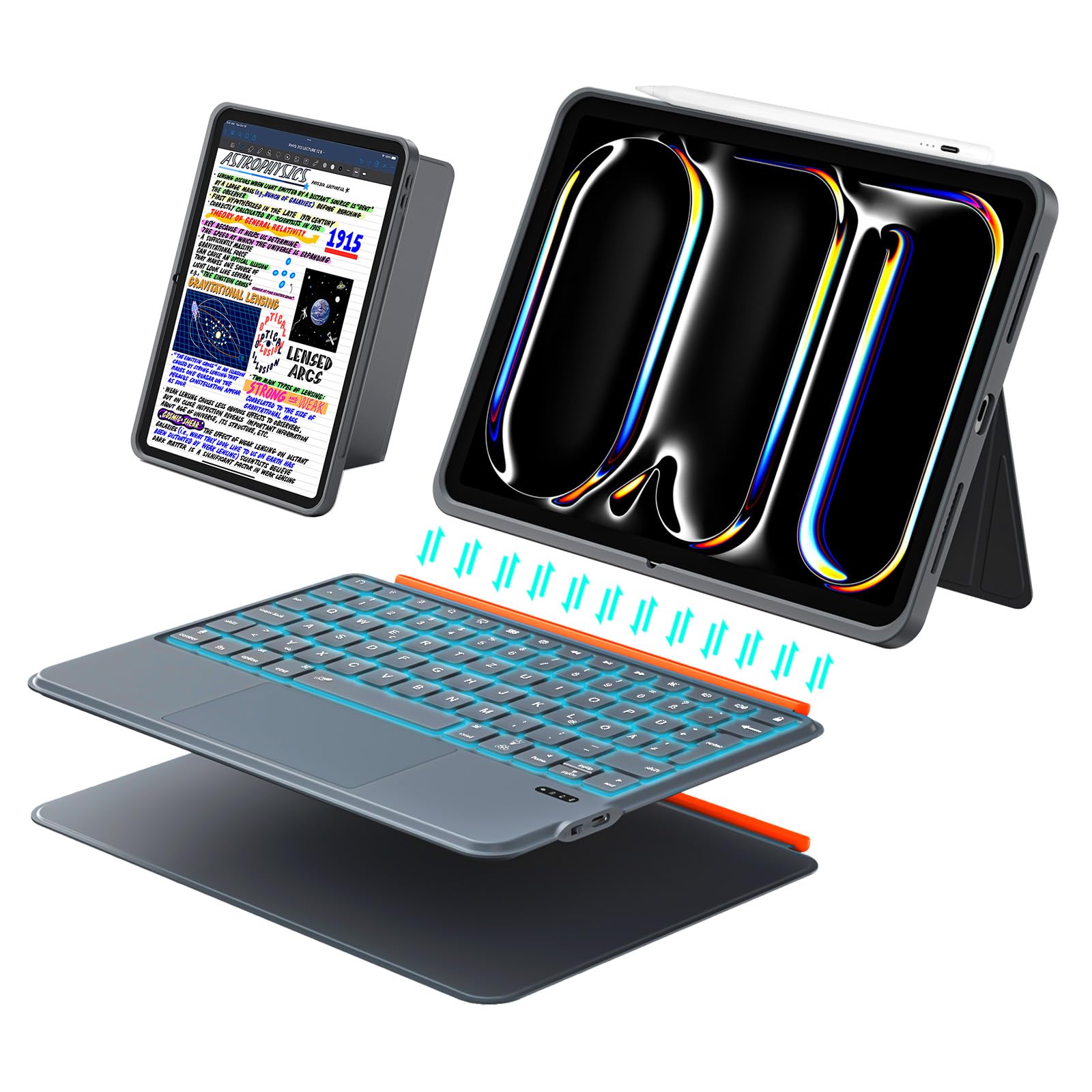 Tastatur Hülle für iPad Pro 11 Zoll (M5/M4 2025/2024), Magnetisch Abnehmbares Keyboard, Großes Trackpad, 7-Farbige Hintergrundbeleuchtung, 160° Verstellbarer Standfuß, Leicht (Dunkelgrau)