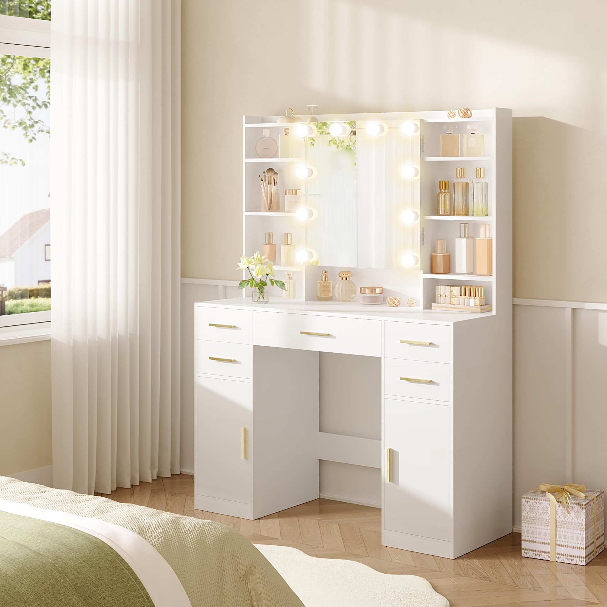 HEXCELEN 108 cm Coiffeuse avec Miroir et Lumières LED, Blanc | Luminosité Réglable, Tiroirs, Armoire et Étagères Ouverts, Table de Maquillage, Miroir avec Étagères Cachées