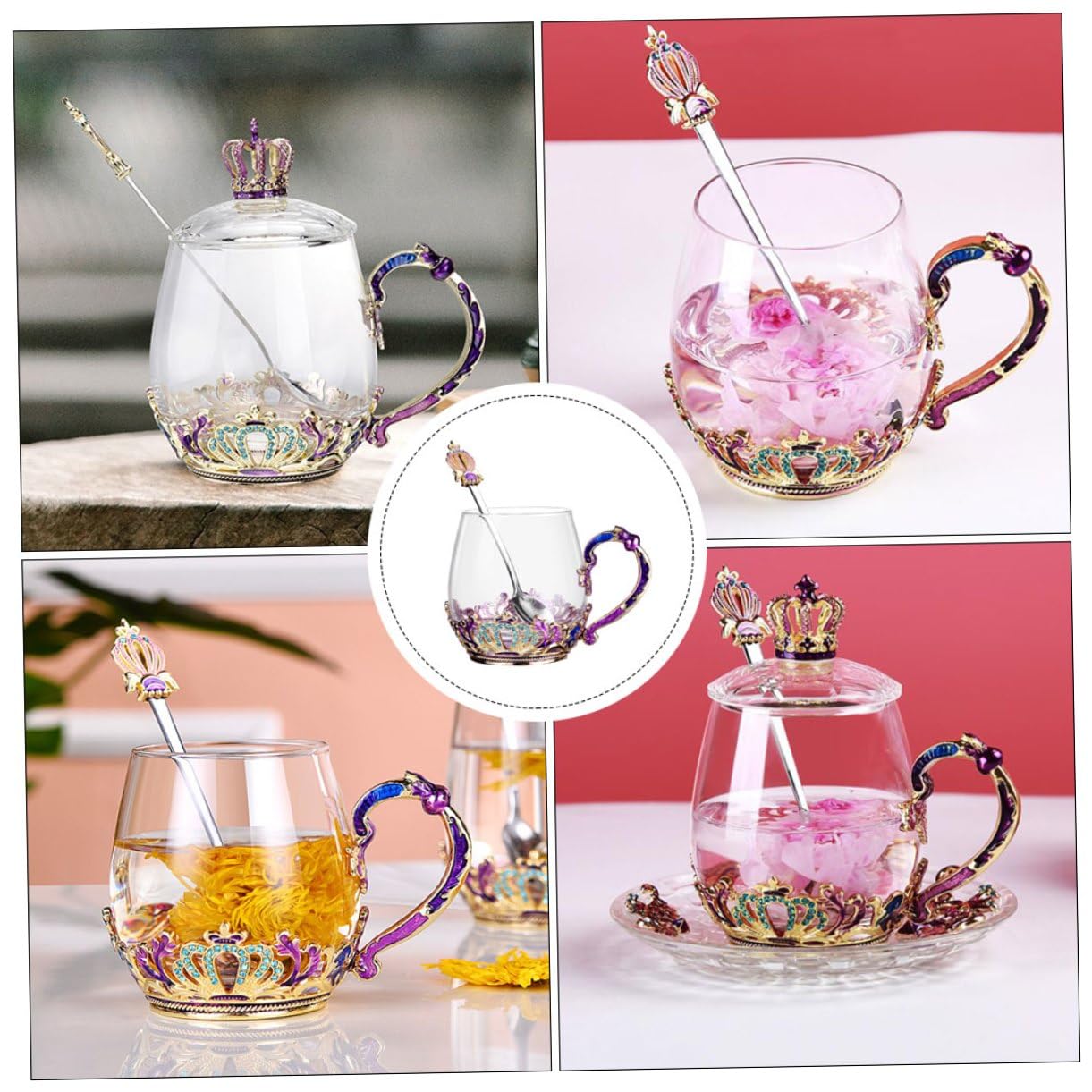 MAGICLULU Taza para Té de Vidrio con Diseño Ergonómico y Resistente al Calor, Incluye Cuchara, Estilo Único, Adecuado para Infusiones y Bebidas Calientes Color Aleatorio