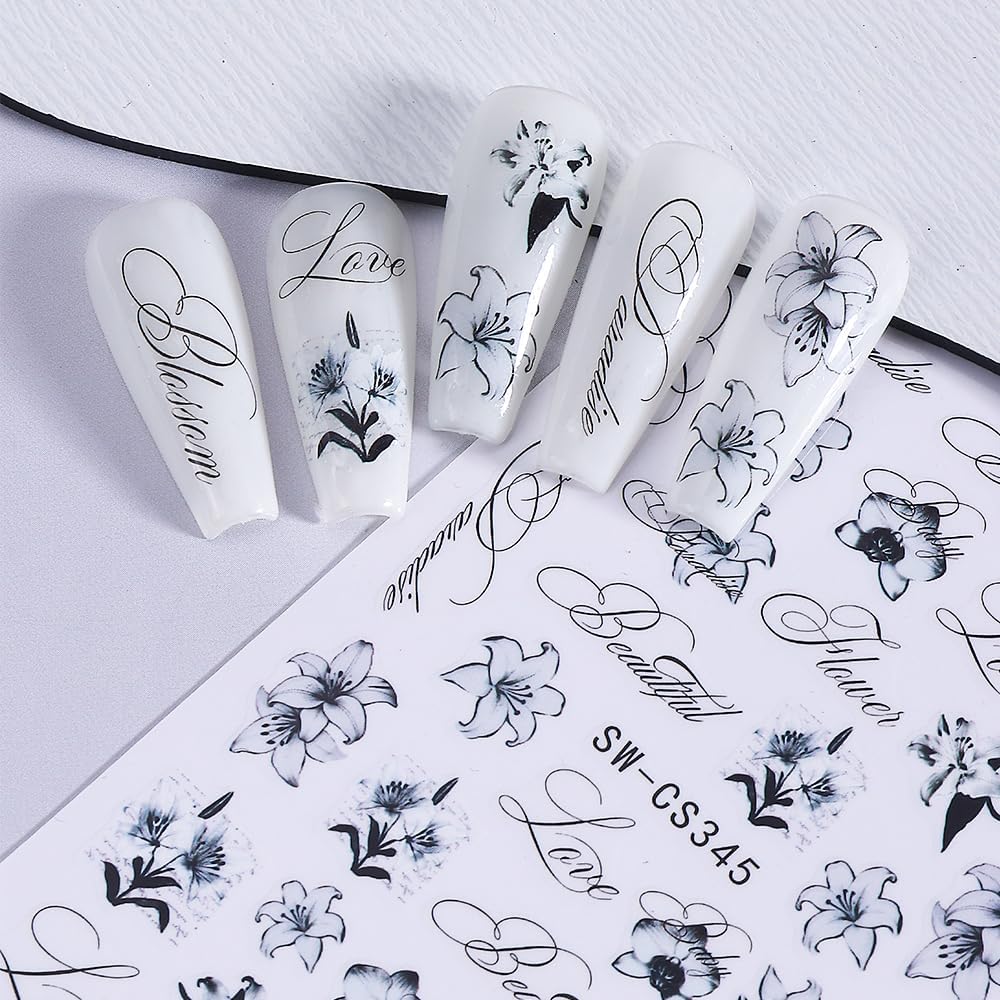 Lily Letter Sticker for Nail Art 6pcs Elegant Nail Stickers Black and White Ink Painting Flower Letter Patterns Nail Decal Design 3D Self-Adhesive Nail Art Supplies for Women Manicure DIY Decoration