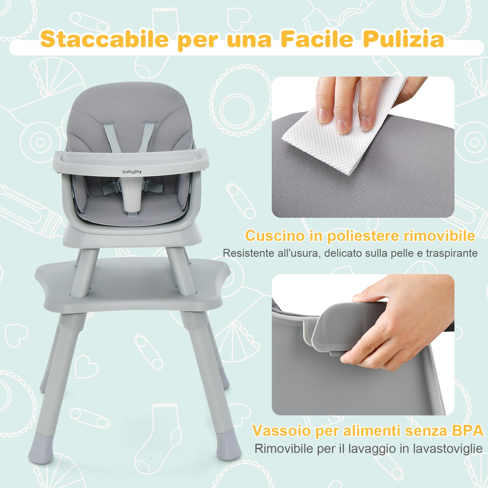 RELAX4LIFE 6 en 1 Trona Bebé con Arnes de 5 Puntos y Cojín Desmontables, Tronas de Bebe Portátil con Bandeja Ajustable y Extraíble, Mesa y Silla Infantil para Niños 6+ Meses, Carga 25kg (Gris)