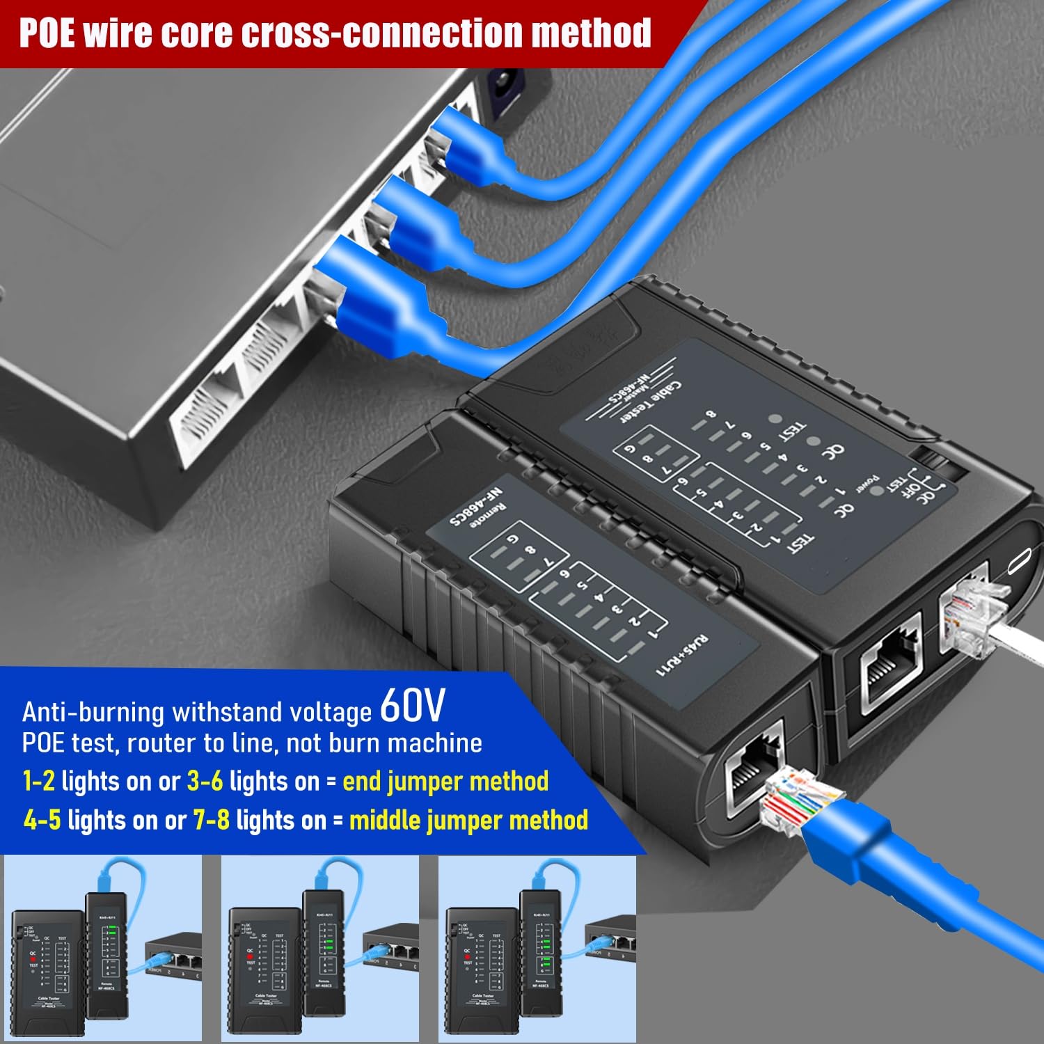 NF-468CS Network Cable Tester Ethernet Cable Wire Tester with Continuity Test for RJ45/RJ11/RJ12/POE/CAT3/CAT5/CAT5E/CAT6/CAT6A, UTP/STP, LAN and Telephone Line Testing Tool