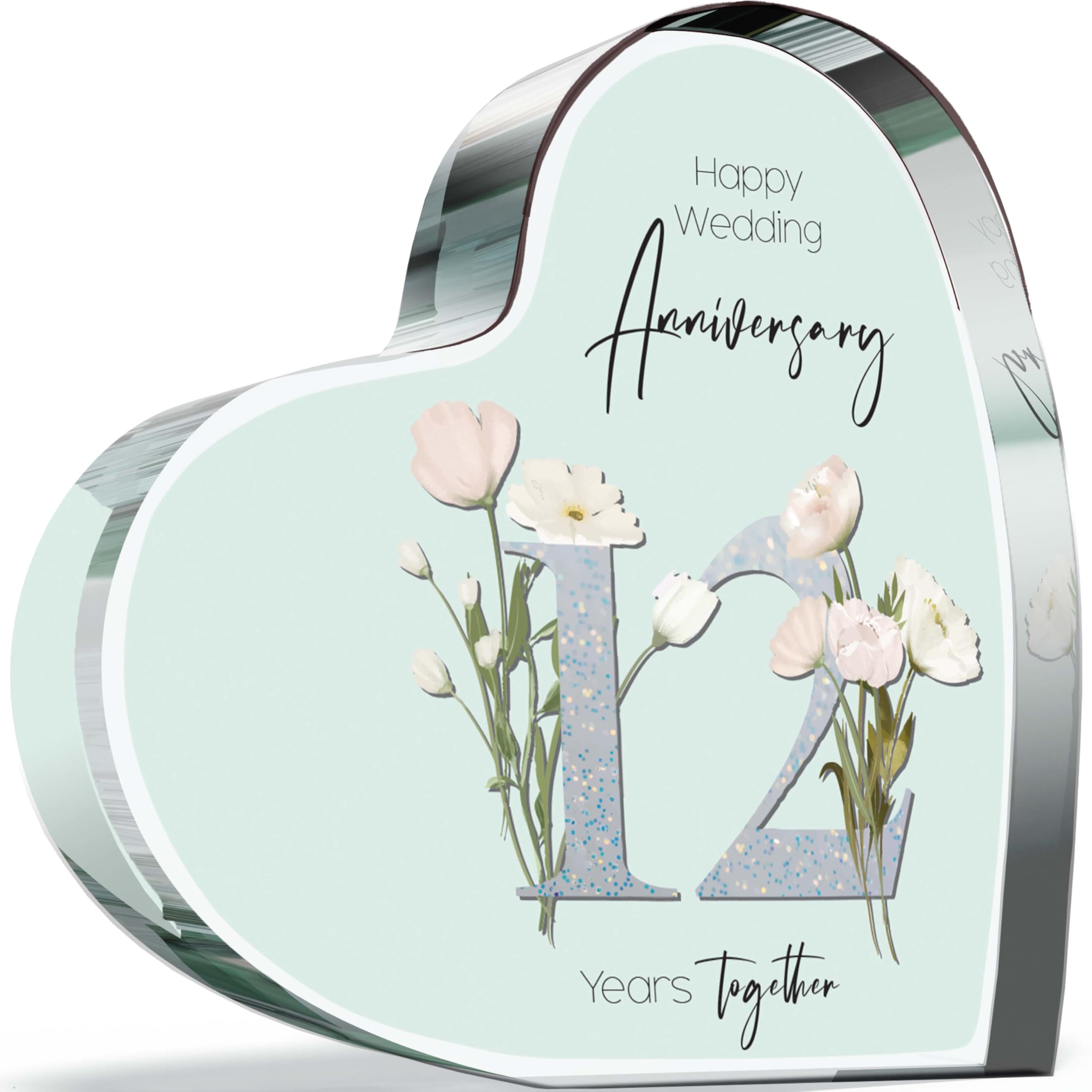 Giftzie Women's 12 Th Anniversary Plaque Gifts For Wife Husband - Years Together - I Love You Romantic Acrylic Heart Gift For Men, 100Mm Floral Present For Couples Twelfth Anniversaries