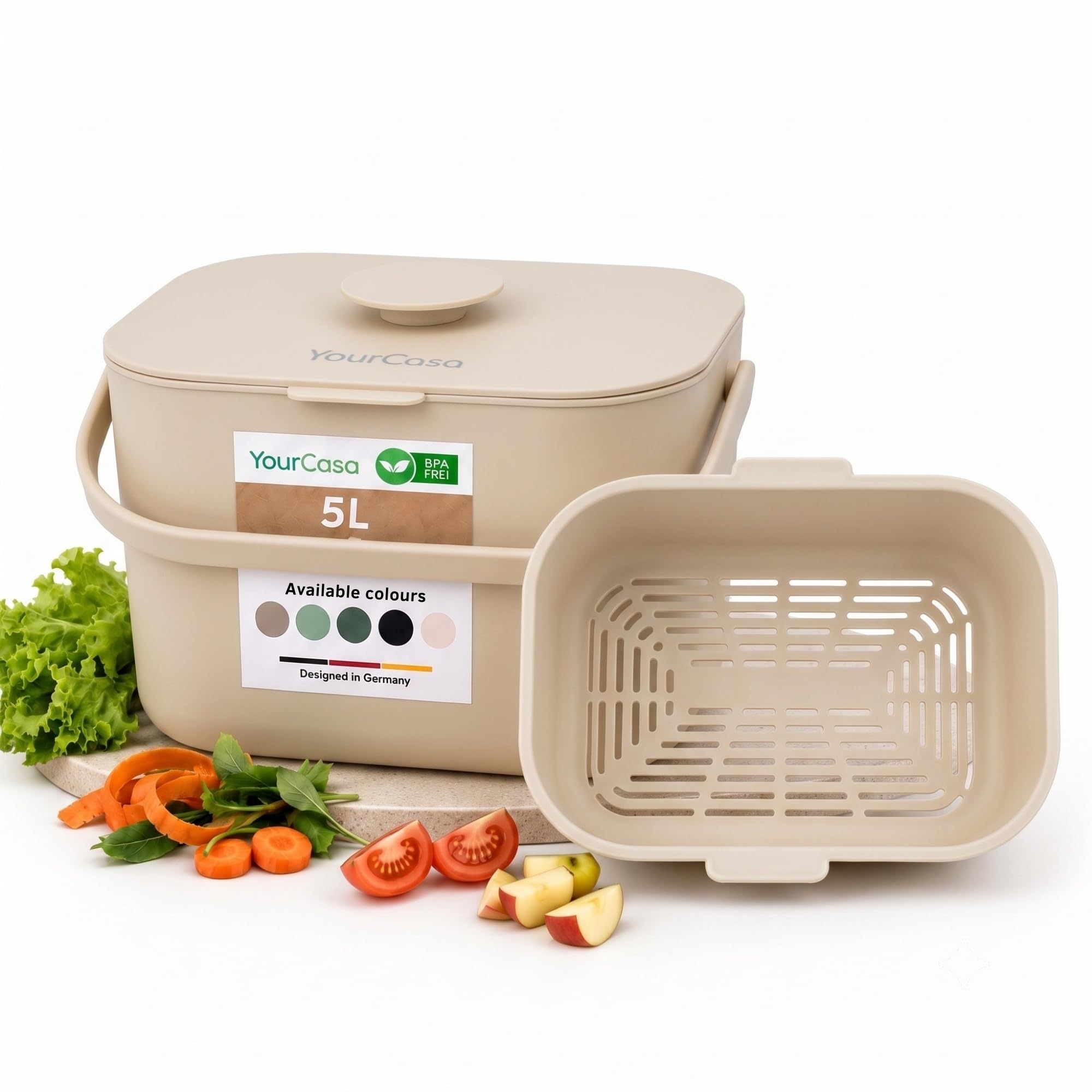 YourCasa Kitchen food waste bin caddy with ergonomic handle - countertop small compost counter with lid trash can - 5L - Dishwasher Safe - Odour Proof - Inner Sieve indoor recycling composter (Cream)