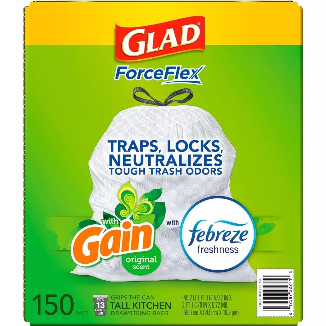GLAD ForceFlex Tall Kitchen Drawstring White Trash Bags, Gain Original Scent with Febreze Freshness (13 gal, 150 ct.)