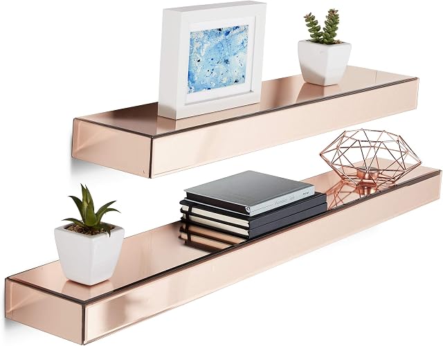 Beautify Set of 2 Rose Gold Mirrored Furniture Shelves  Floating Display Ledges  Large & Small  Storage  Glass  Bedroom, Living, Hallway