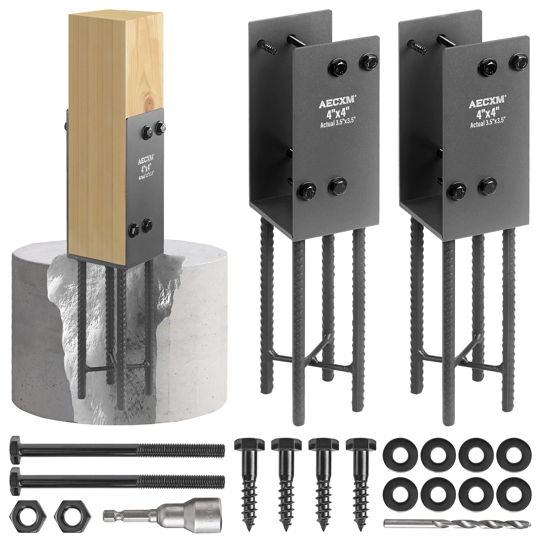 4"x4" (Actually 3.5"x3.5") Heavy Duty U-Shaped Fence Post Holder Bracket, Wet Concrete Post Bracket, for Deck railings, Fences, mailboxes, gazebos Wet Concrete Foundation Support (Black-2Pack)