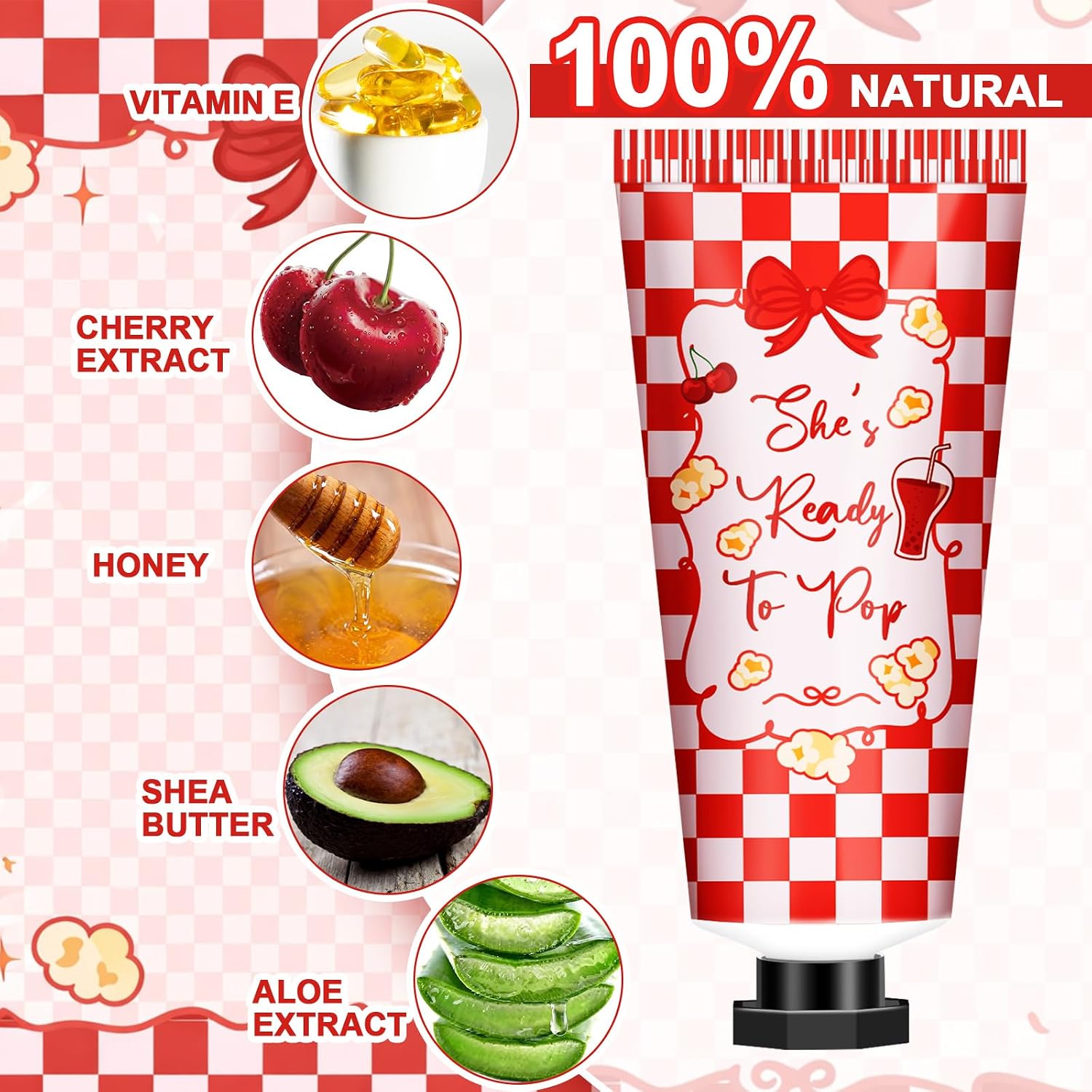 60 Sets She's Ready to Pop Baby Shower Hand Cream Gifts Bulk Coquette Cherry Soda Hand Lotions with Thank You Tags Organza Bag Pink Red Checkered Baby Shower Party Favors for Guests Bridal Wedding