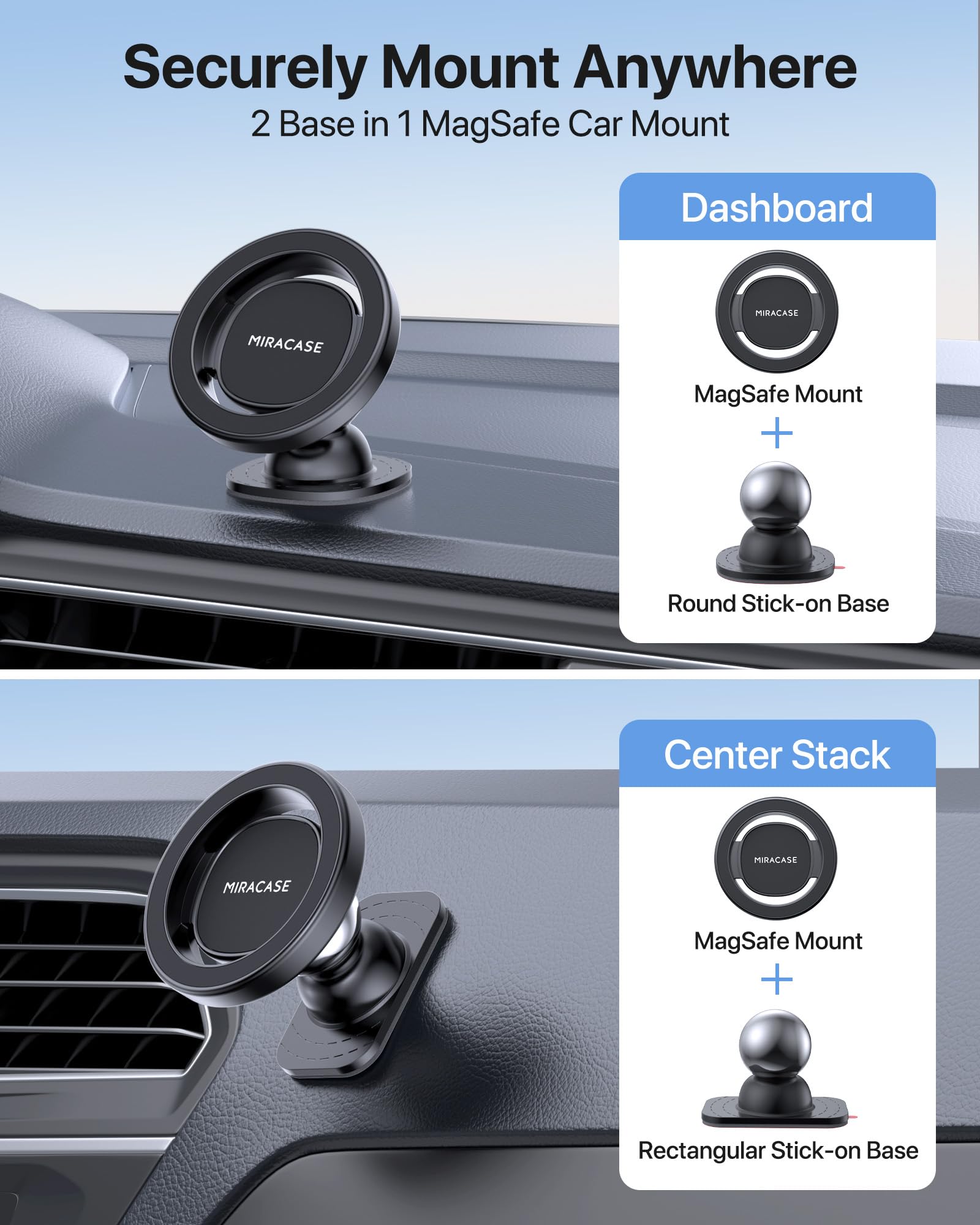 Miracase Latest Upgrade for MagSafe Car Mount [33+LBS Strong Suction & 2200gf Magnetic] Small Phone Holders for Your Car Dashboard, 360° Adjustable Car Phone Holder Mount for iPhone Garmin GPS view 2