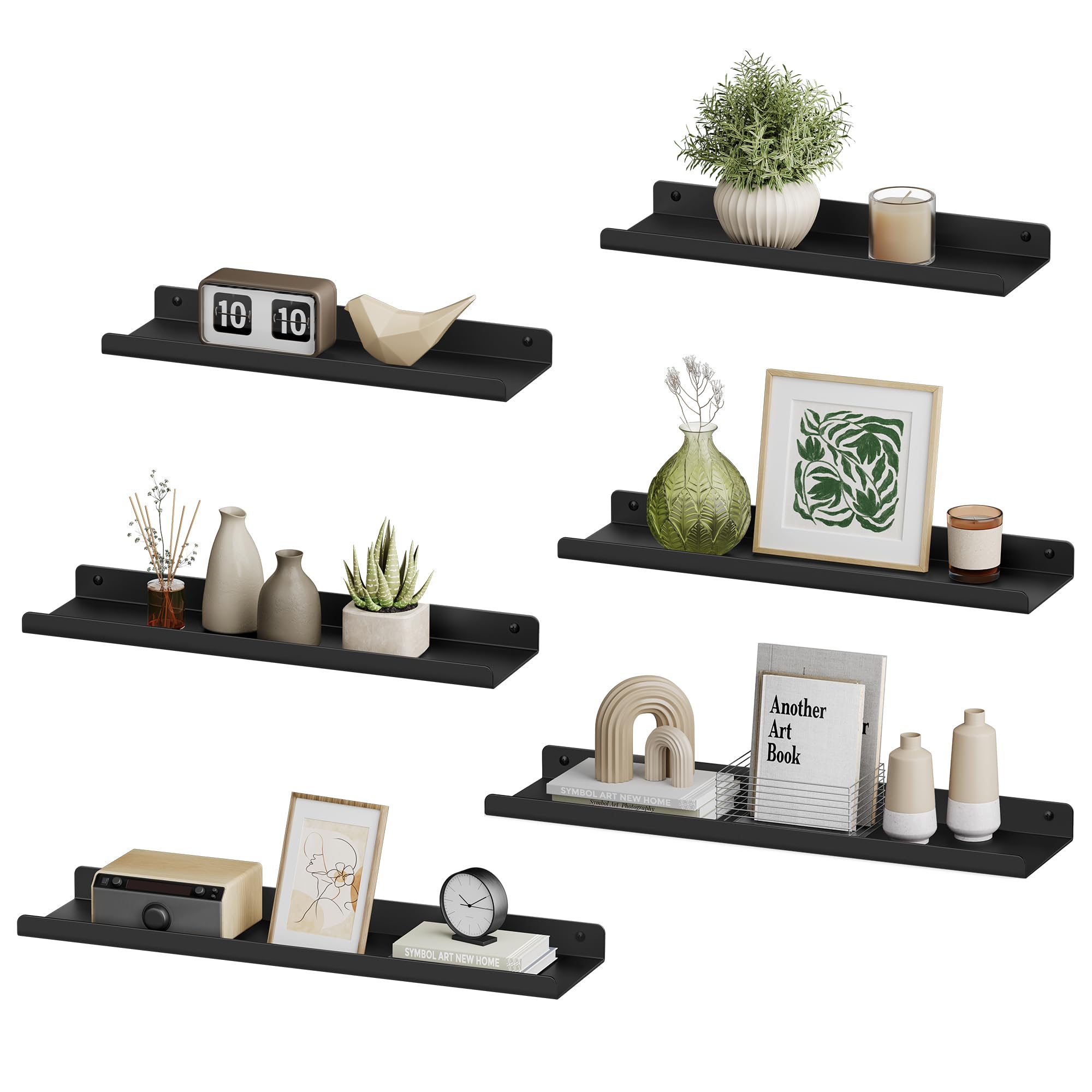 SONGMICS Wandregale aus Metall, 6er Set, Schweberegale, Industrie-Design, Wandboards, für Dekos, für Schlafzimmer, Küche, Badezimmer, Wohnzimmer, unterschiedliche Layouts, schwarz LFS012B02