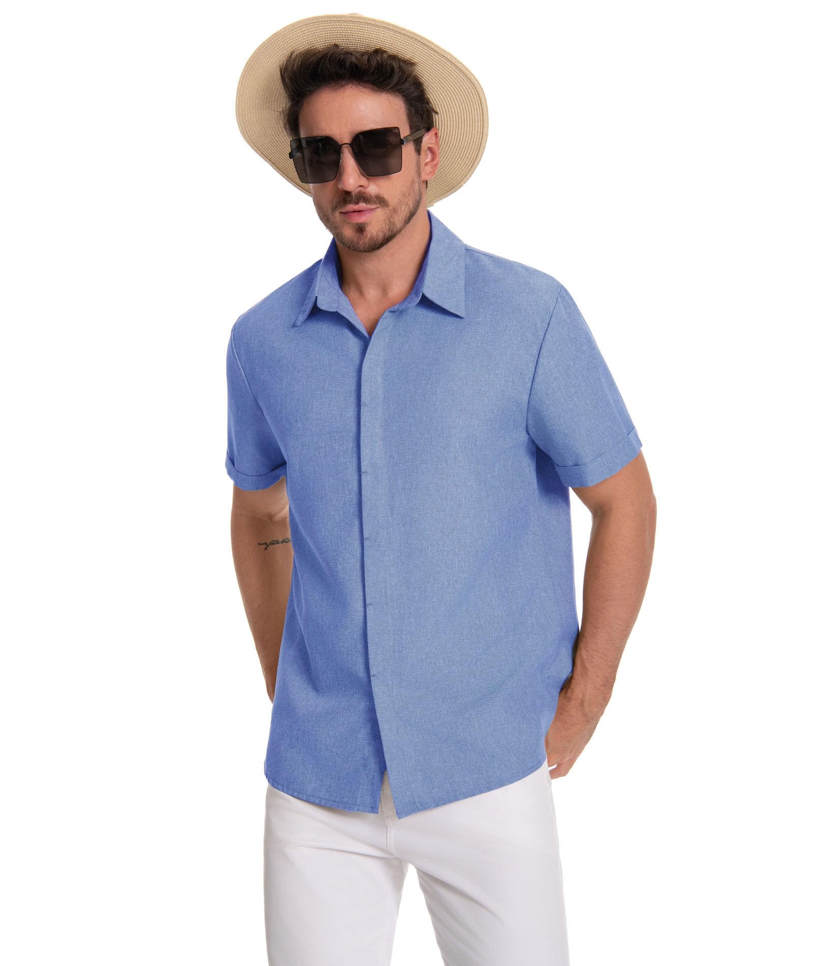 SOMTHRON Chemise décontractée à manches courtes en lin pour homme - Boutonnée - Plage d'été - Vacances - Mariage