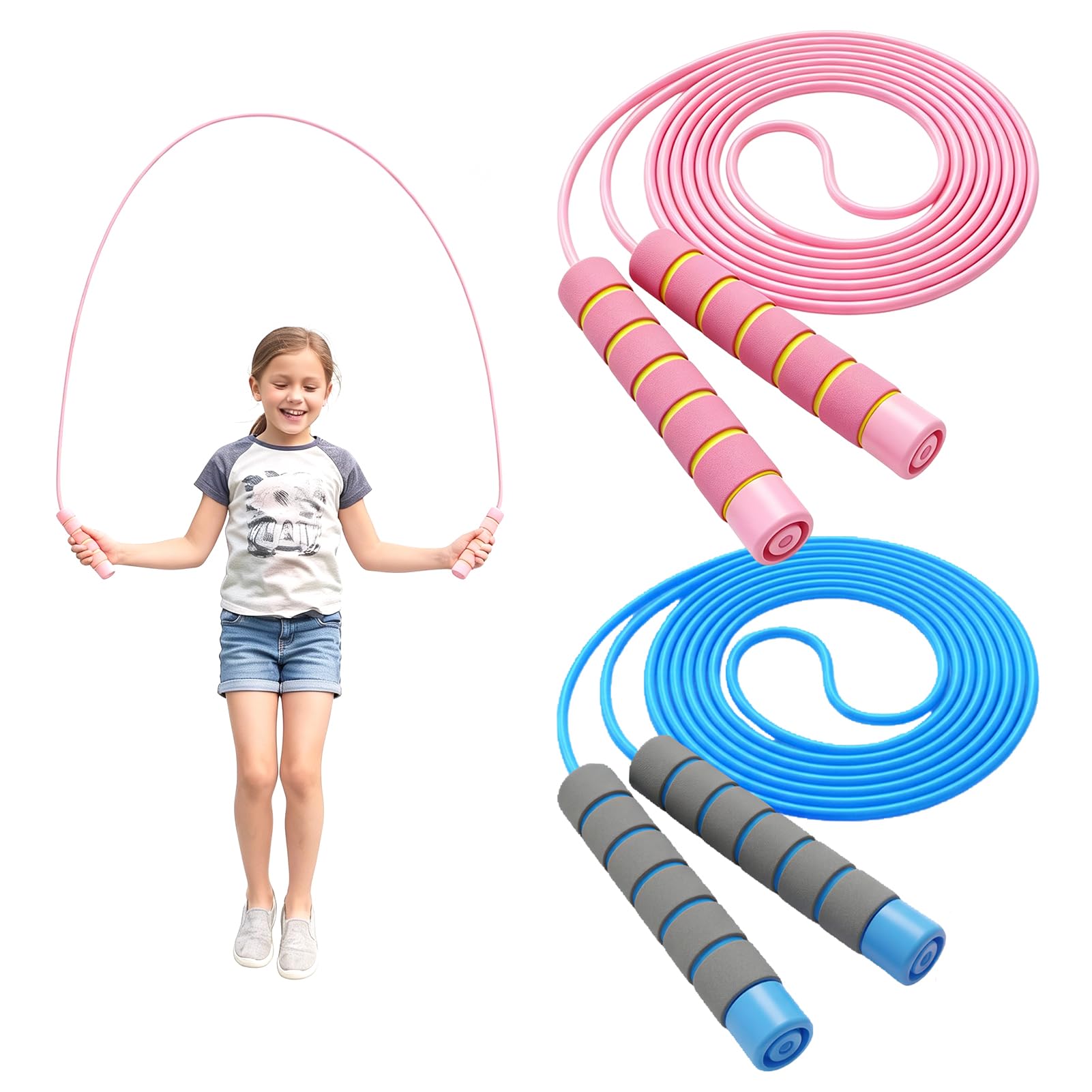2 Pack Skipping Rope Kids Set, Adjustable Kids Skipping Rope with Soft Foam Handles, Lightweight Skipping Ropes for Indoor & Outdoor Exercise Fitness Training, Blue & Pink