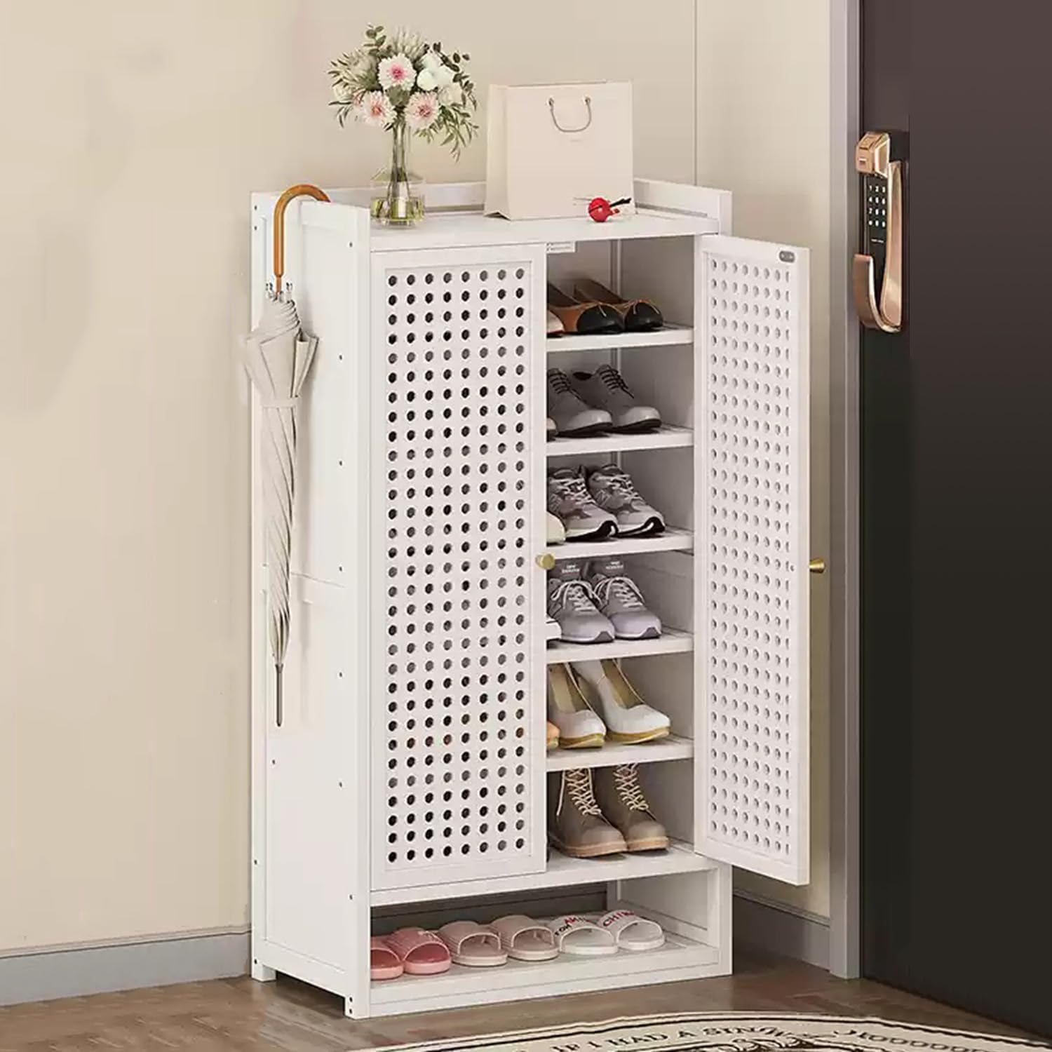 Akcesoria dekoracyjne do domu, bambusowa szafka na buty, 7-poziomowa szafka na buty z 3 drzwiami, nowoczesny schowek do wejścia, fug