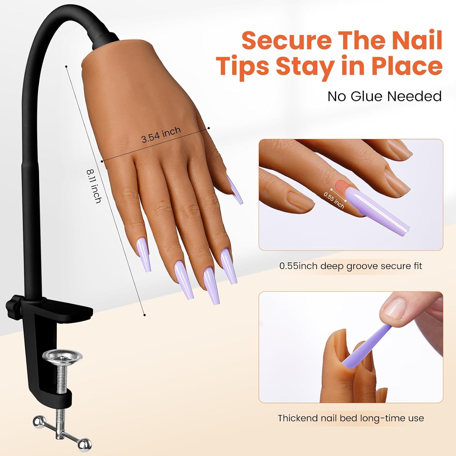 Practice Hand for Acrylic Nails: Silicone Nail Hand Practice with Gold Rings - Flexible Fake Hand Mannequin Nail Hand Kit for Beginners (Brown)