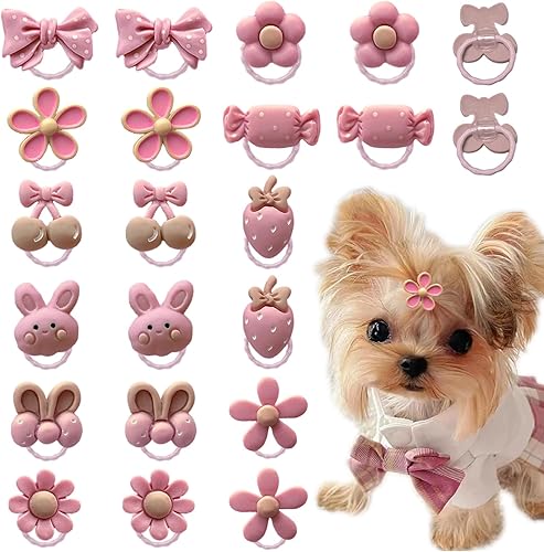 20 piezas de lazos pequeños para el pelo de perro en rosa claro con bandas de goma, lazos para cachorros para las orejas, lindos lazos florales con